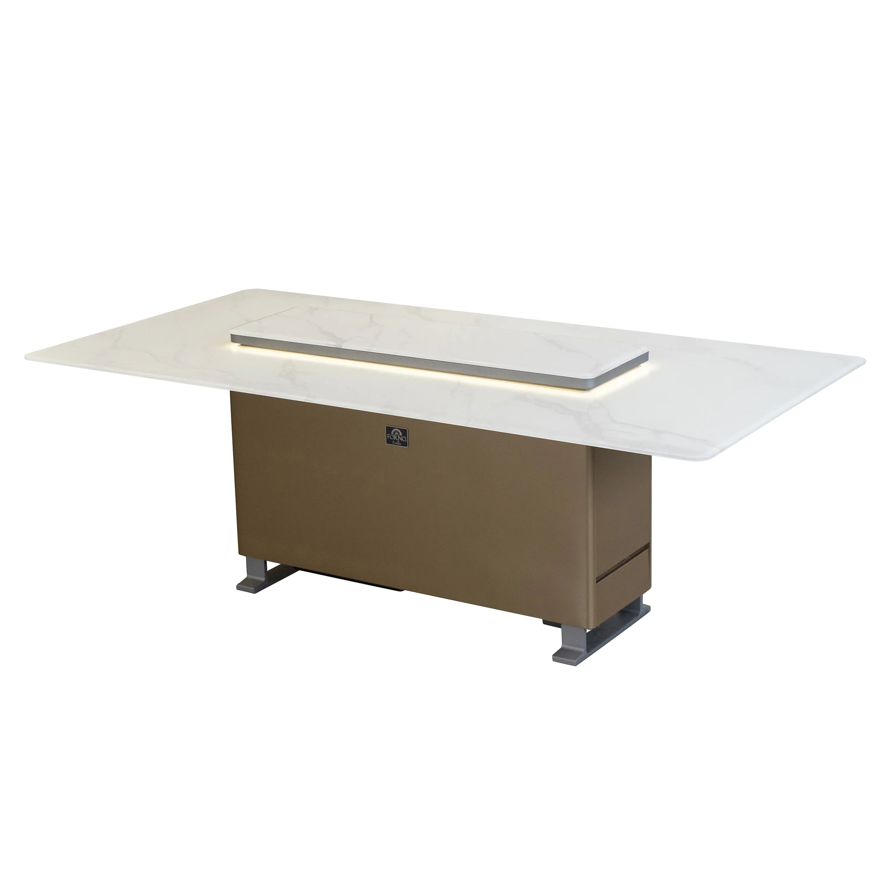 Smart dining table with open top and recessed serving surface over dark cabinet base