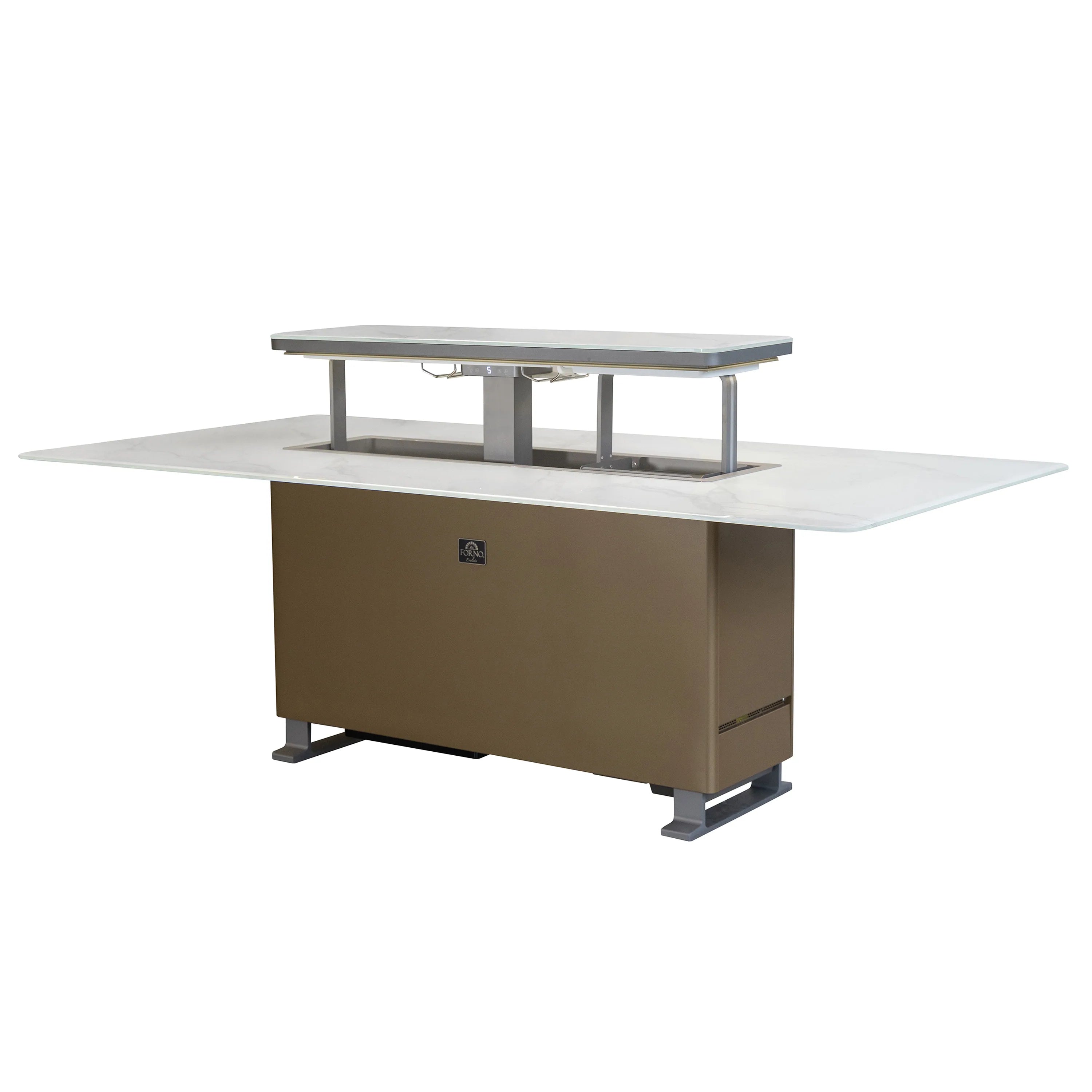 Smart dining table with built-in refrigerator/freezer, extended glass surfaces and open hatch