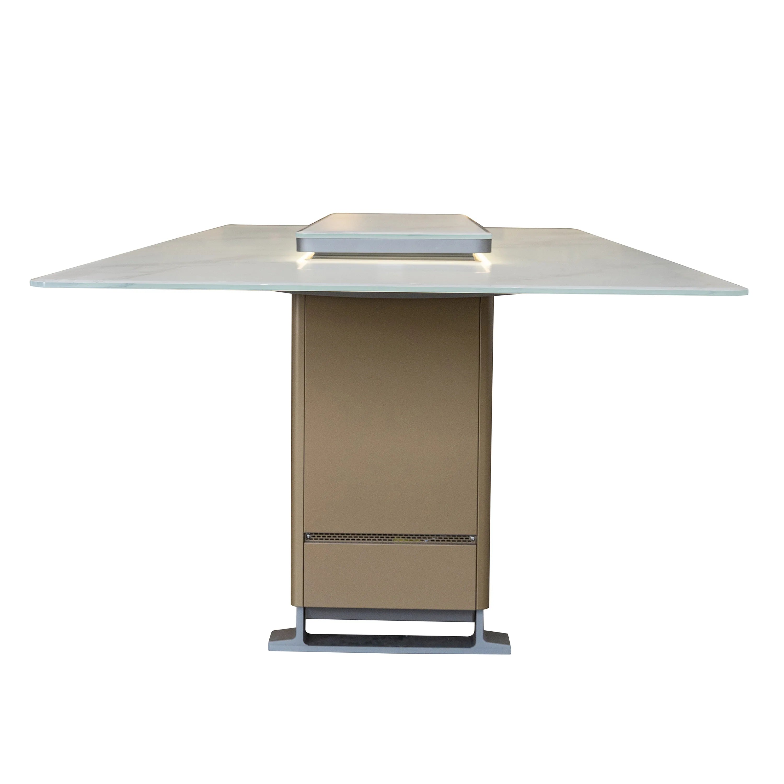 White smart dining table with built-in refrigerator/freezer cabinet, lid raised