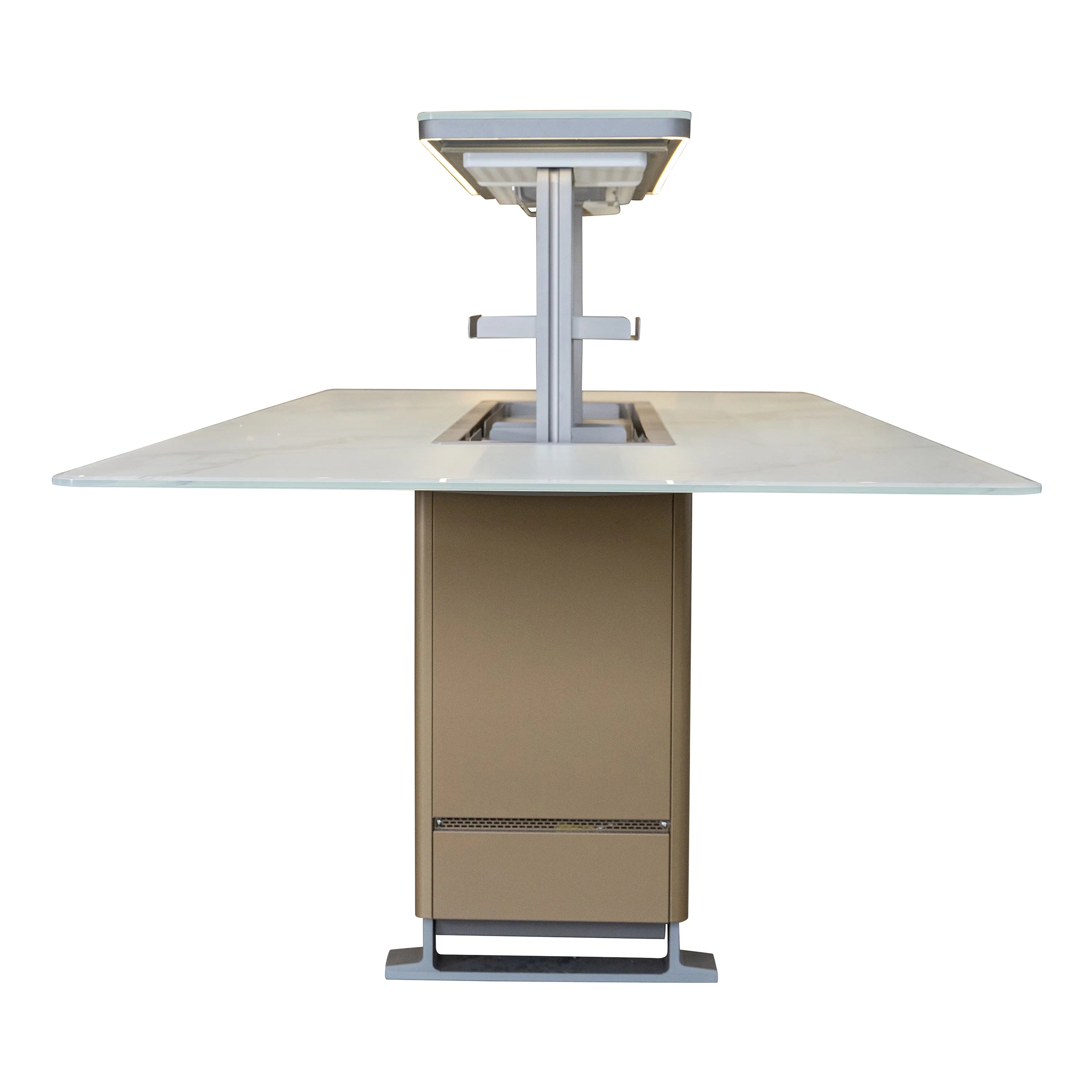 White smart dining table with built-in refrigerator/freezer, upper lid raised