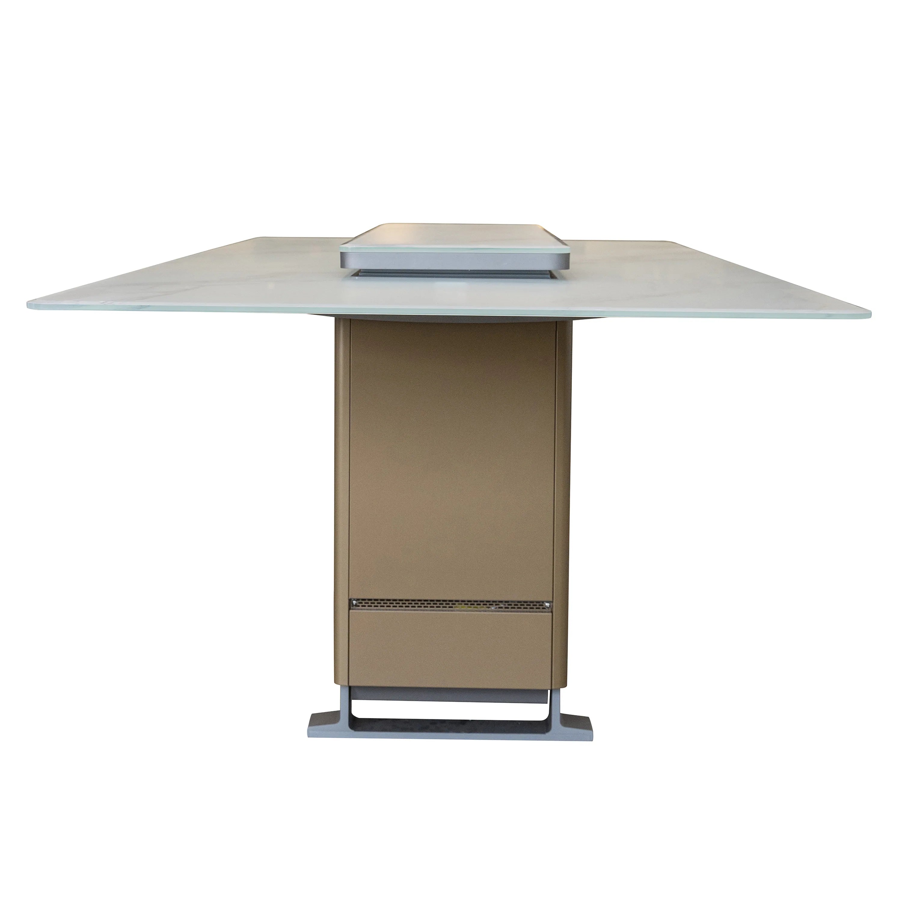 Smart dining table with built-in refrigerator/freezer, large glass tabletop and closed center lid