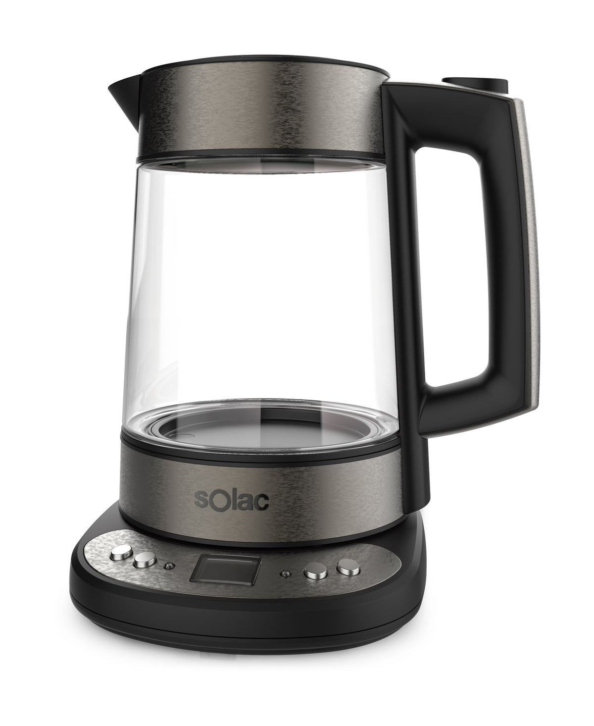 Clear glass kettle with black handle and base, stainless top rim and controls