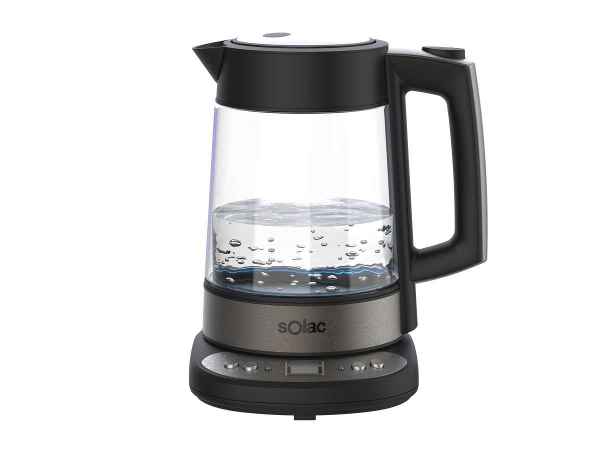 Glass kettle with black lid and handle, blue-lit water level window
