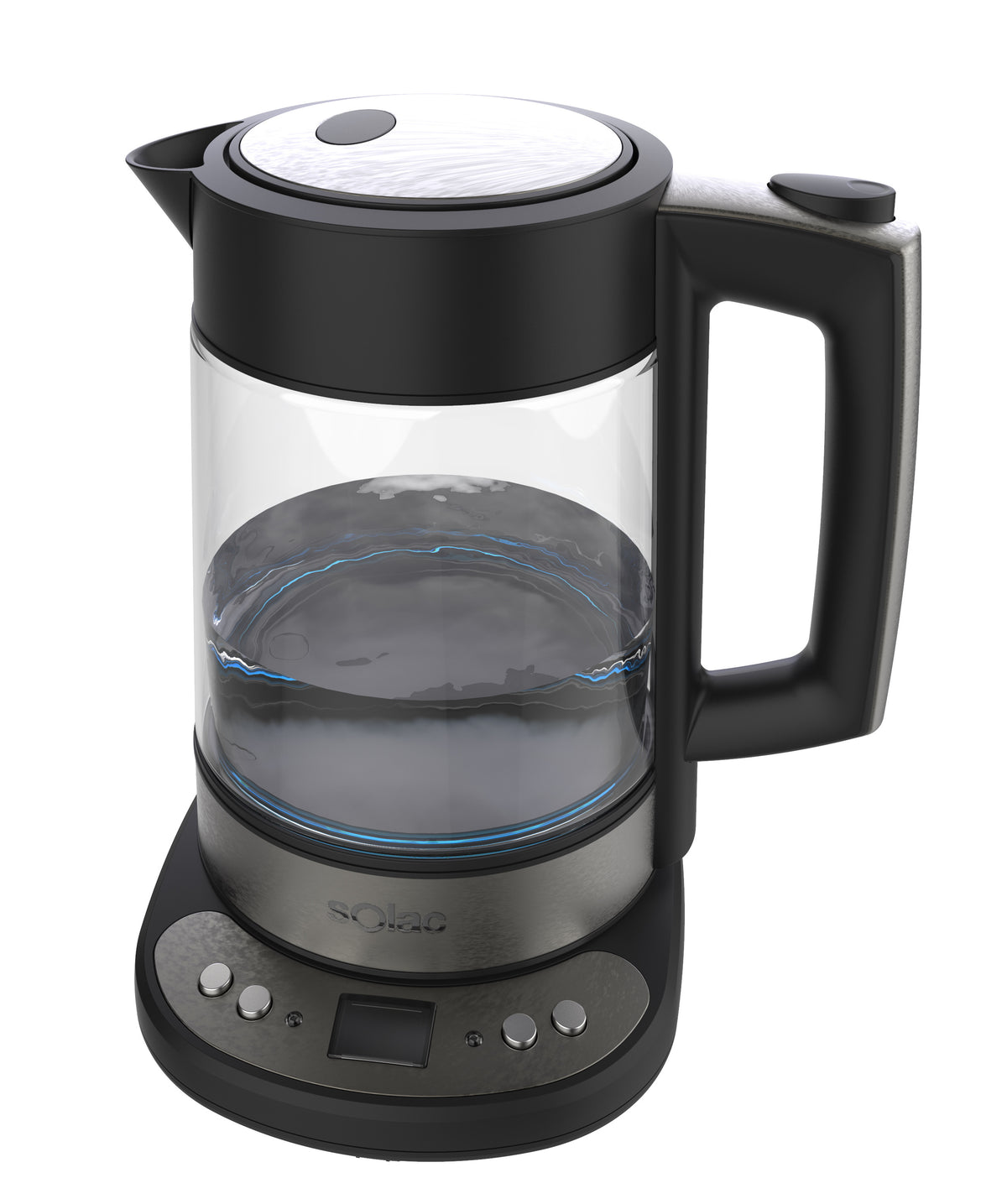 Black glass kettle with clear chamber and blue water indicator, control buttons on base