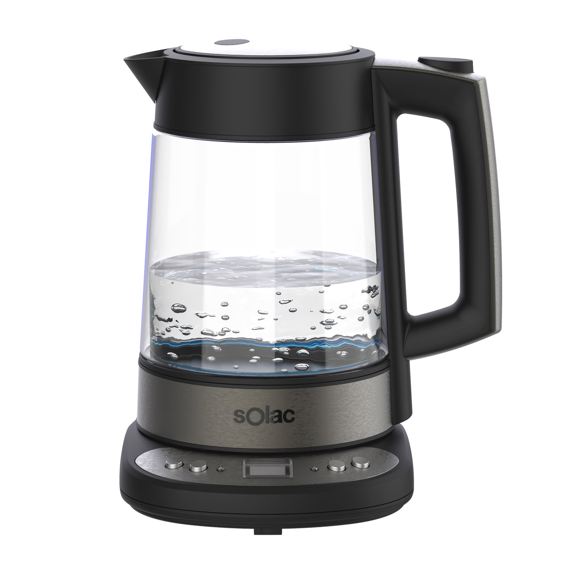 Glass kettle with black lid and handle, blue water level visible through chamber