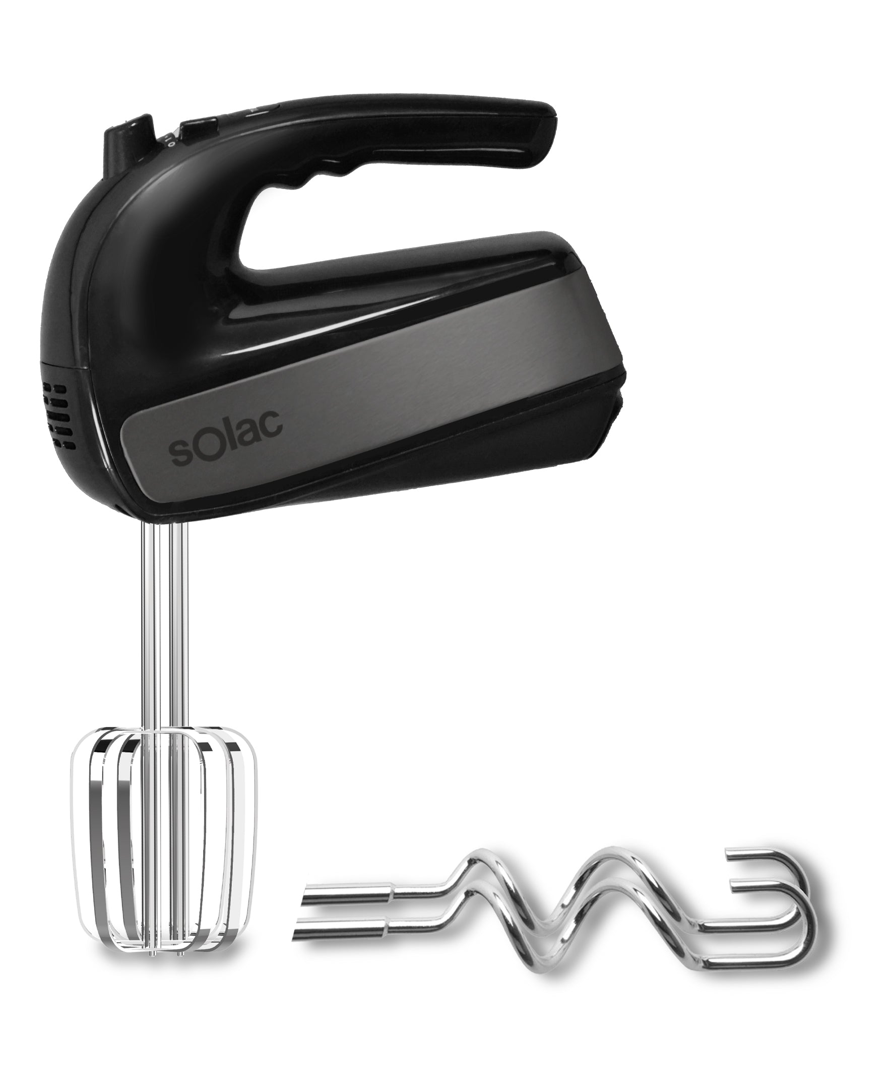 Solac hand mixer with two beaters and whisk attachment, black and silver.
