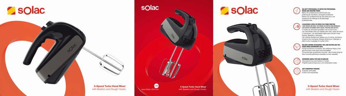 Solac 5-speed hand mixer with two metal beaters, black and silver.