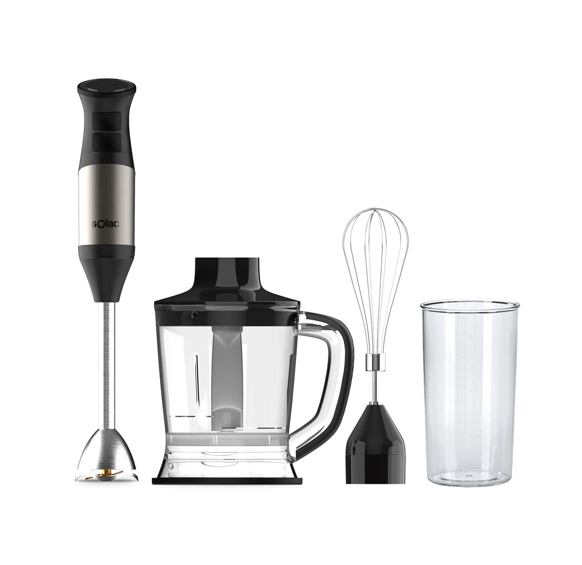 Stainless steel hand blender kit with blending shaft, whisk, cup, and chopper parts