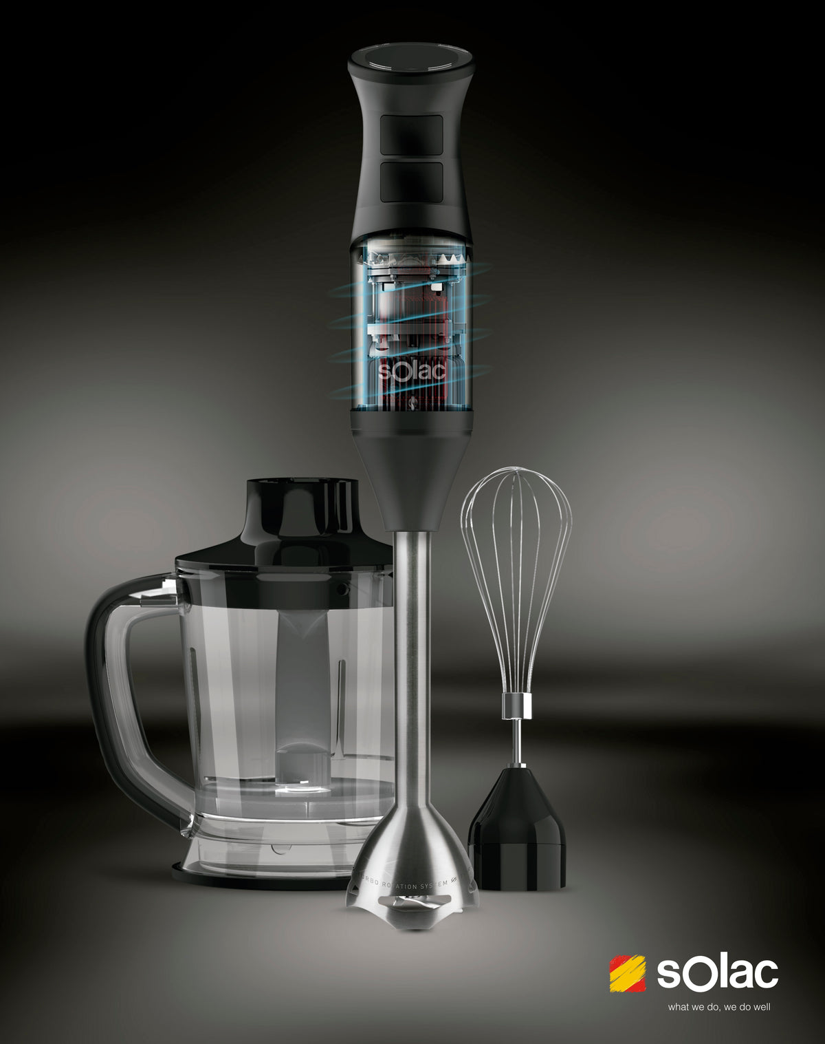 Stainless steel hand blender with whisk, glass cup, and chopper attachment set