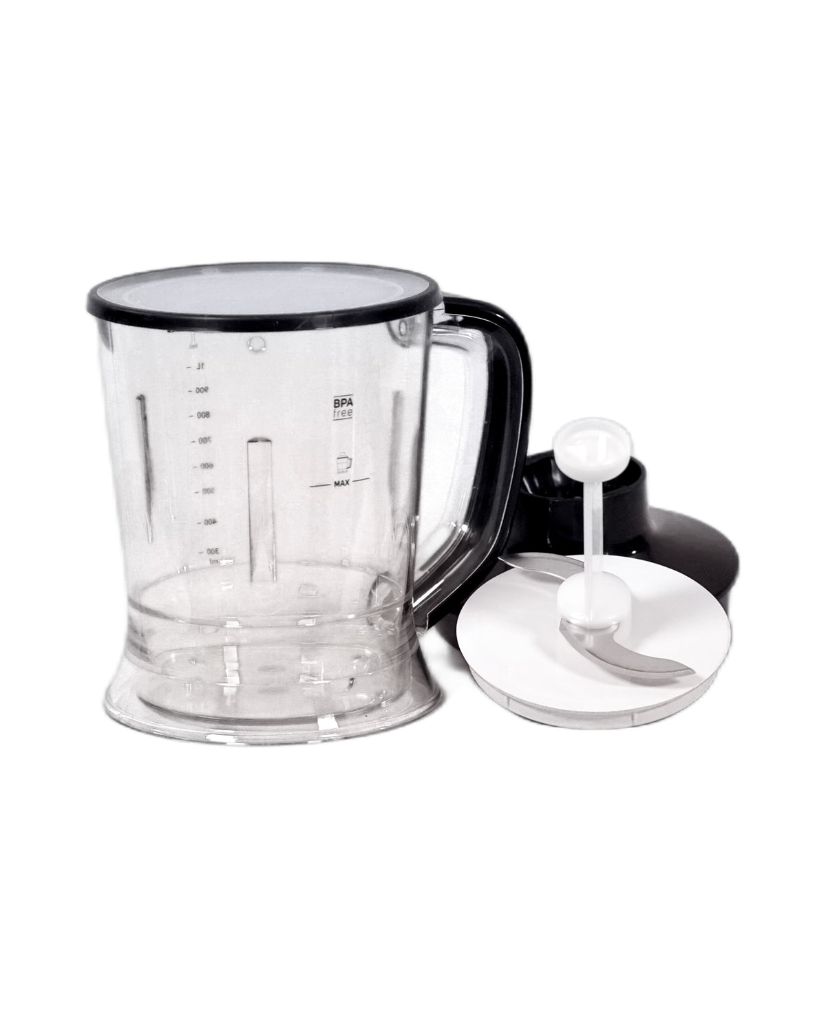 Transparent blender jug with handle, plus chopper lid and blending blade parts
