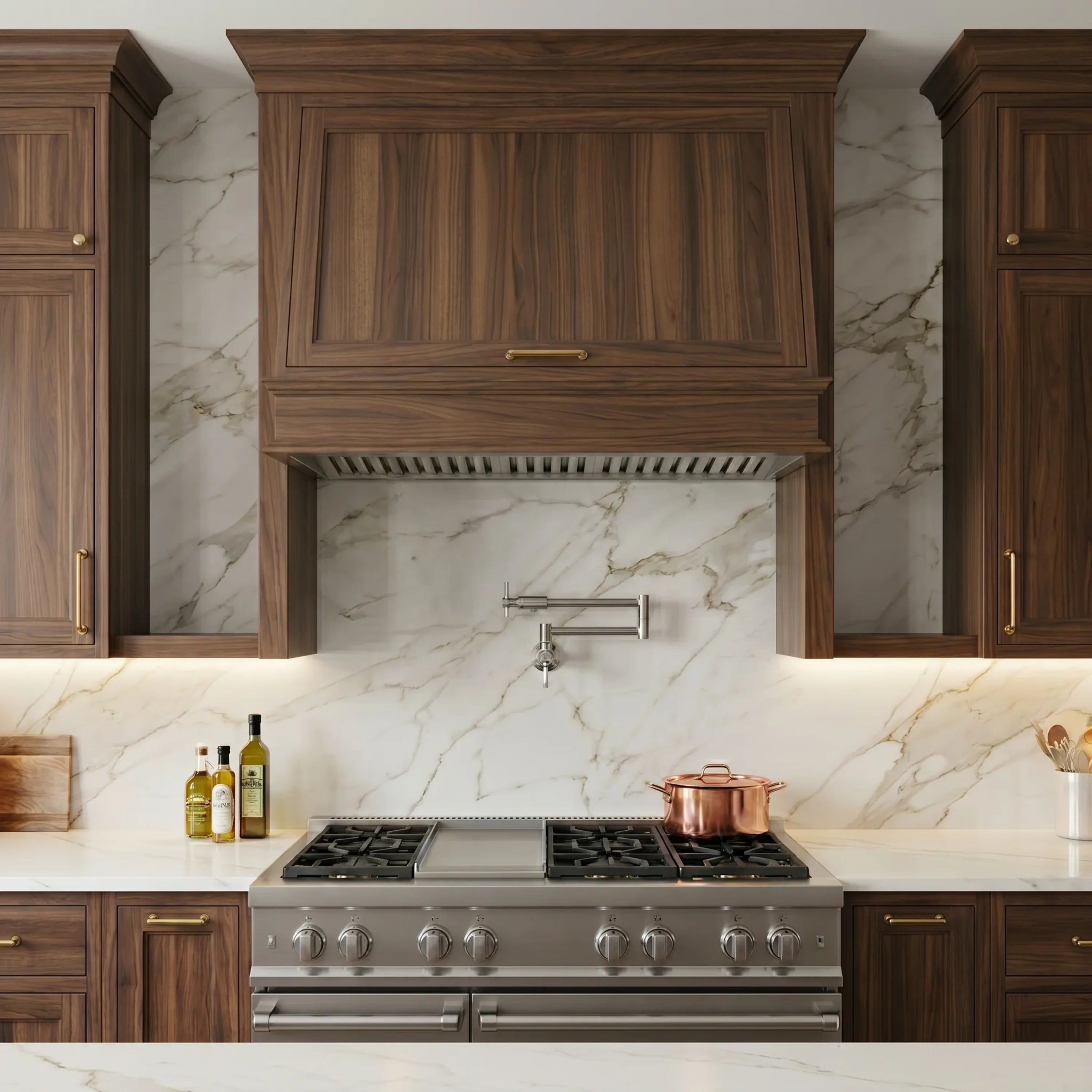 Stainless steel insert range hood mounted above a gas cooktop with cabinet trim