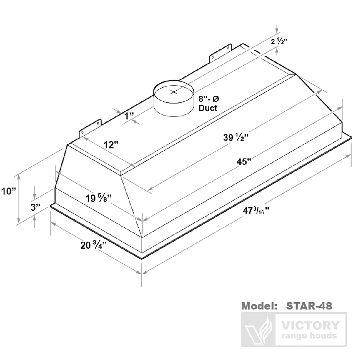 STAR-48 stainless range hood dimensions diagram with duct opening and model marking