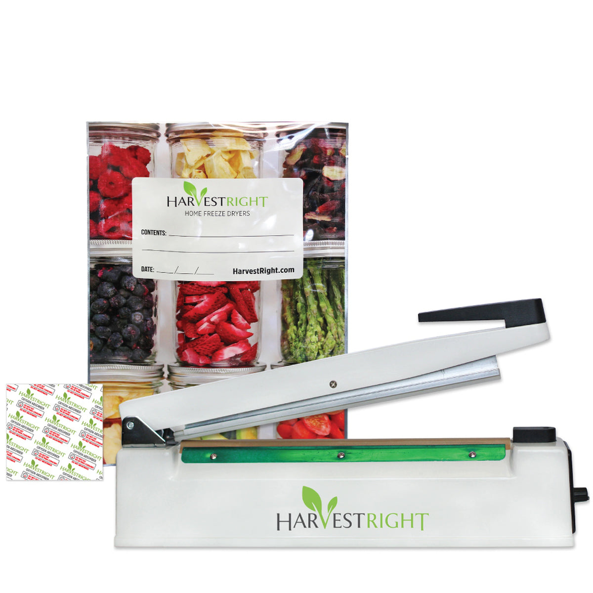 Impulse heat sealer with green bar, packaging bags of fruit and veggies