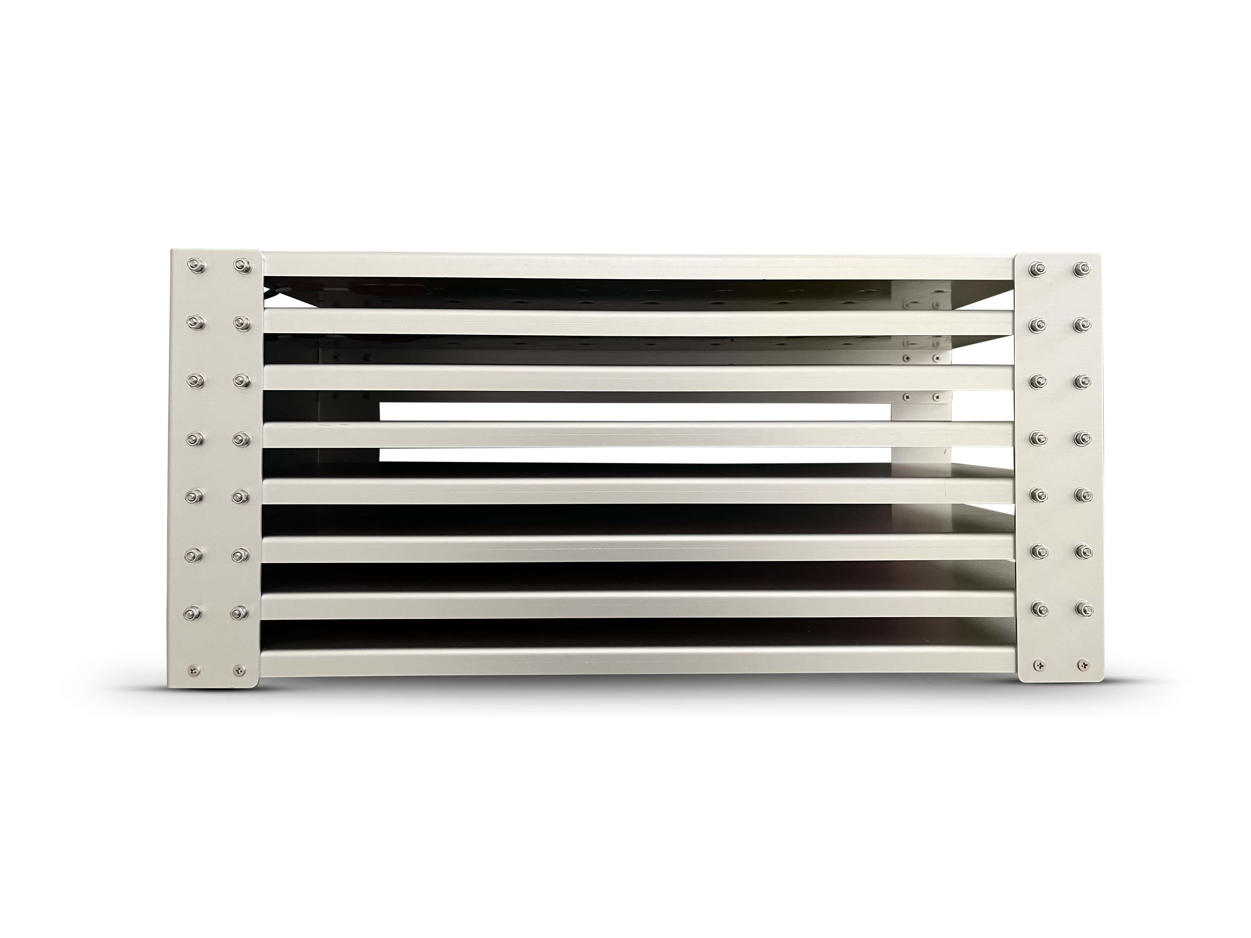 7-tray shelving unit with white metal frame and horizontal vented shelves