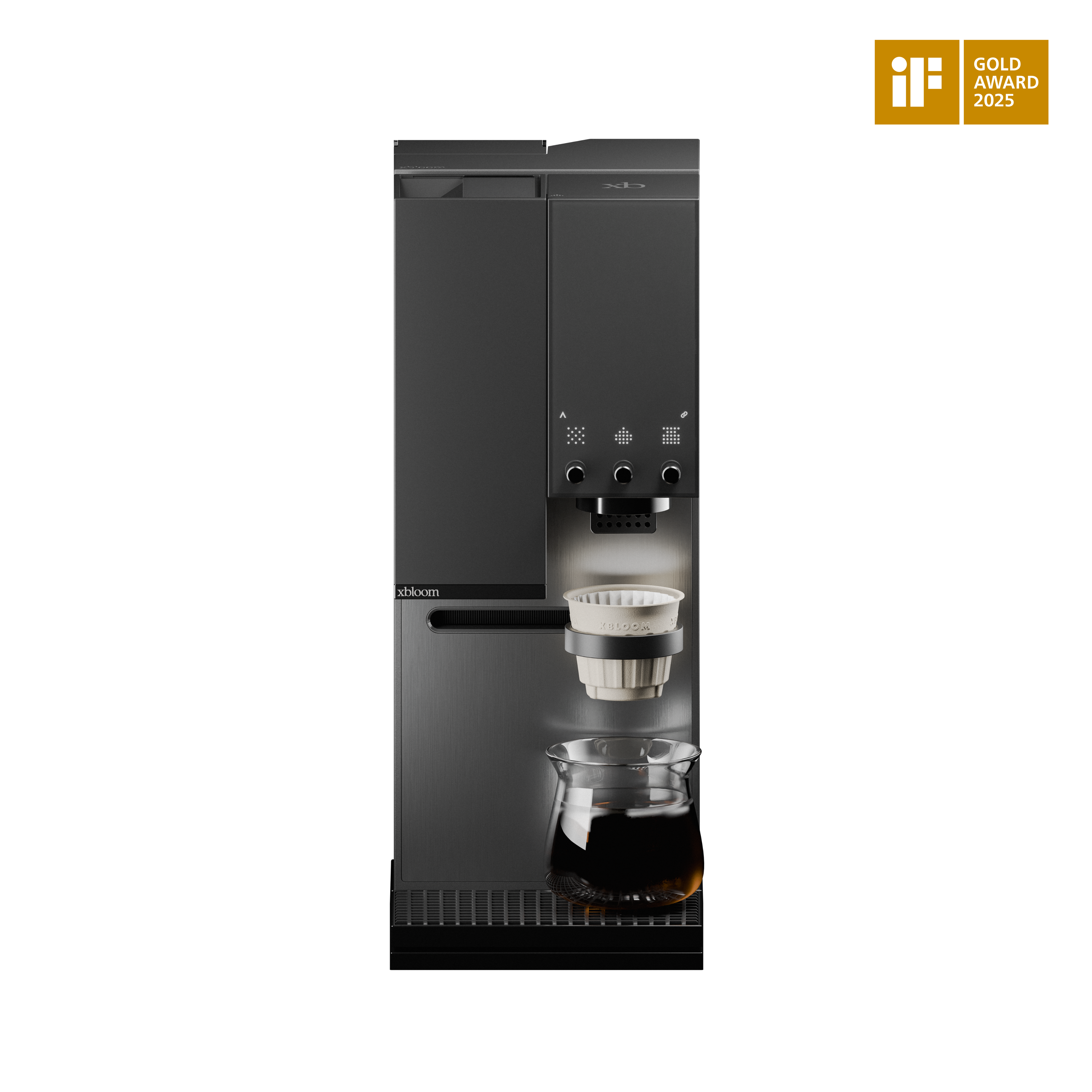Midnight black countertop coffee machine with dispensing spout and drip tray, front view