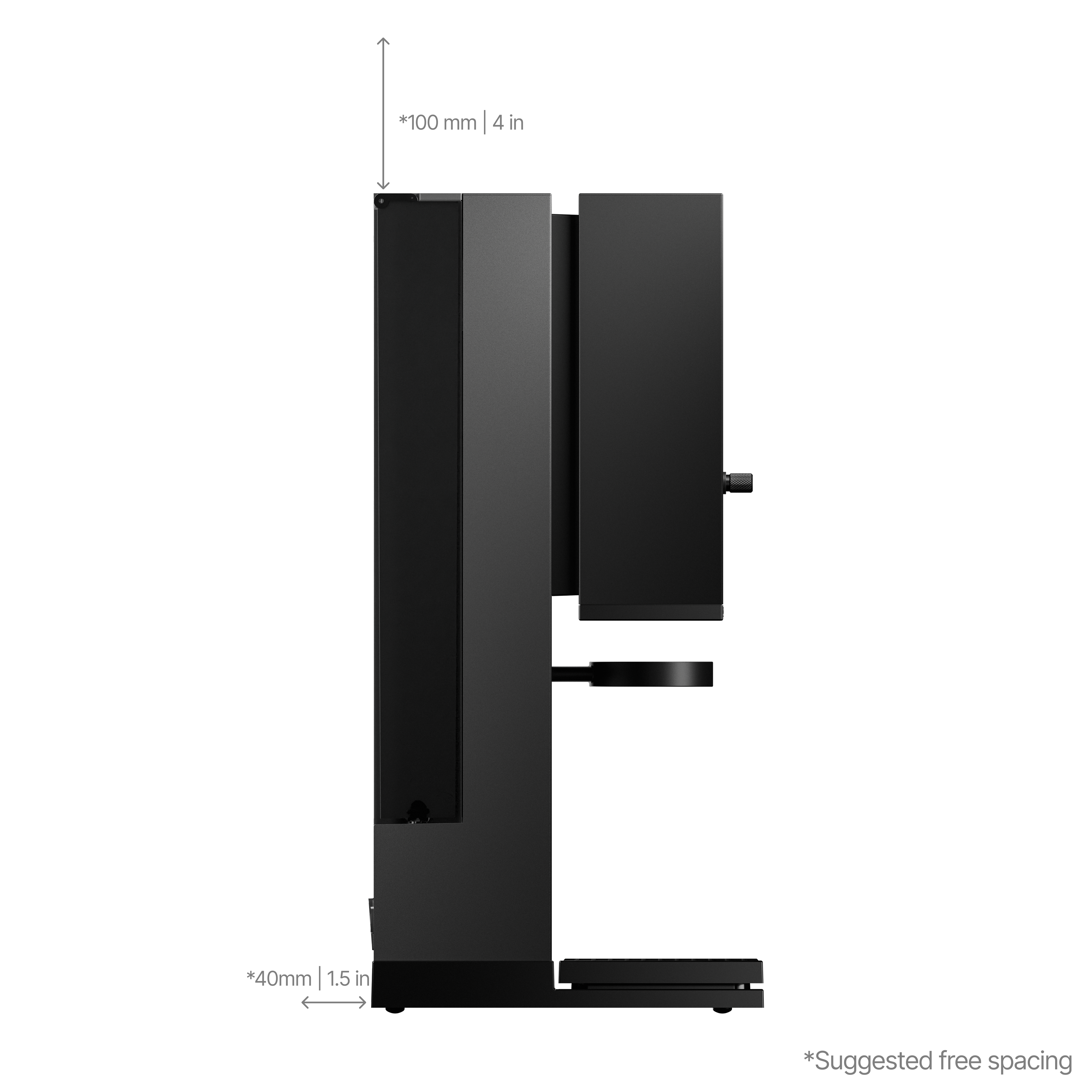 Midnight black coffee machine side view with control area and dispensing spout