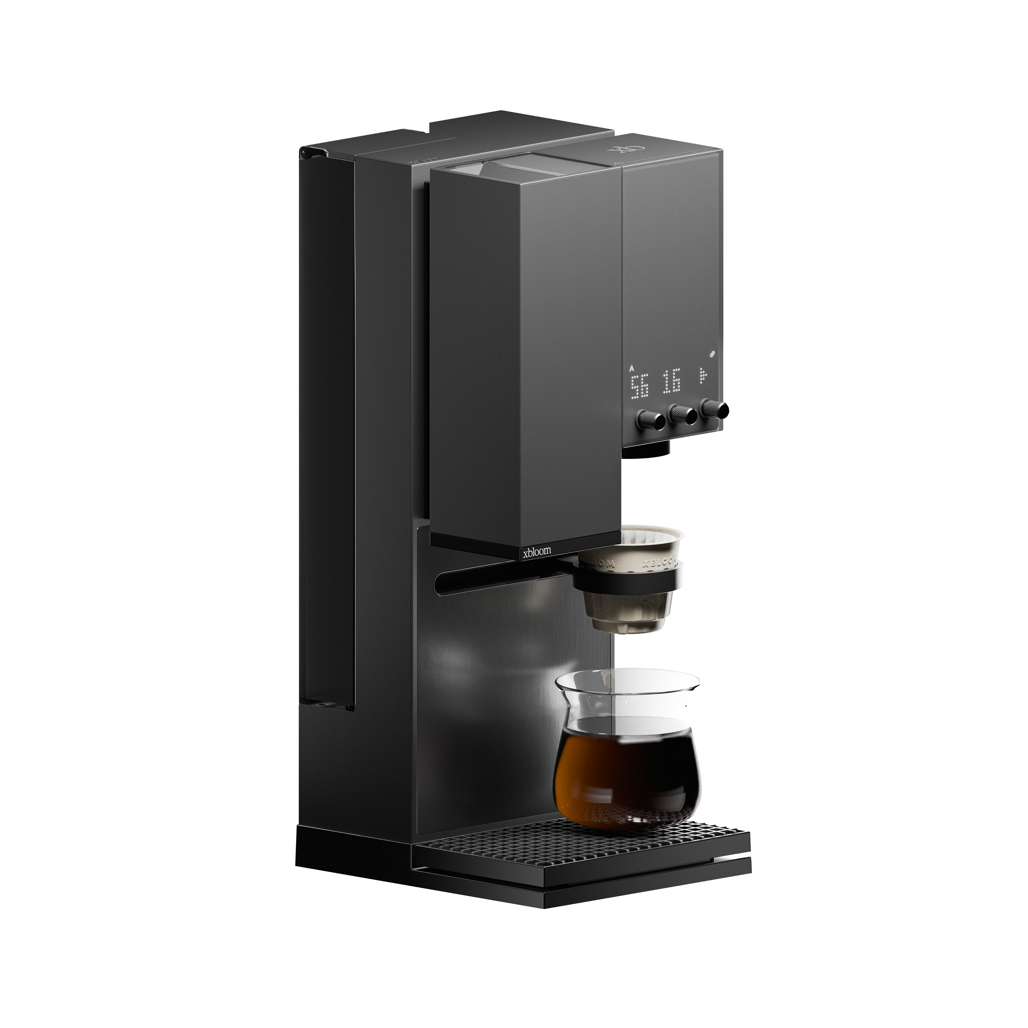 Midnight black coffee machine with carafe and brewing spout, 3/4 view