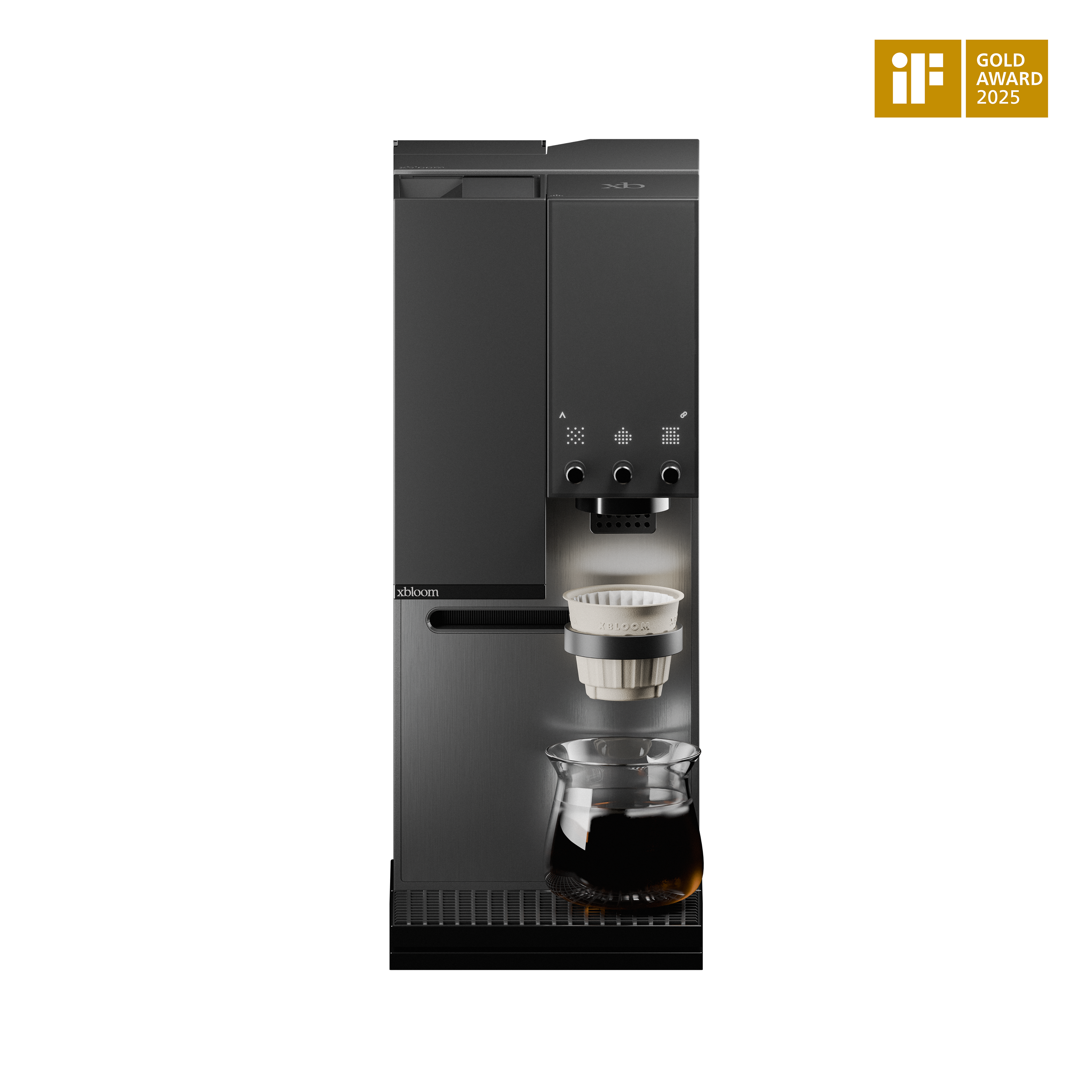 Midnight black coffee machine with cup holder and carafe area, front view