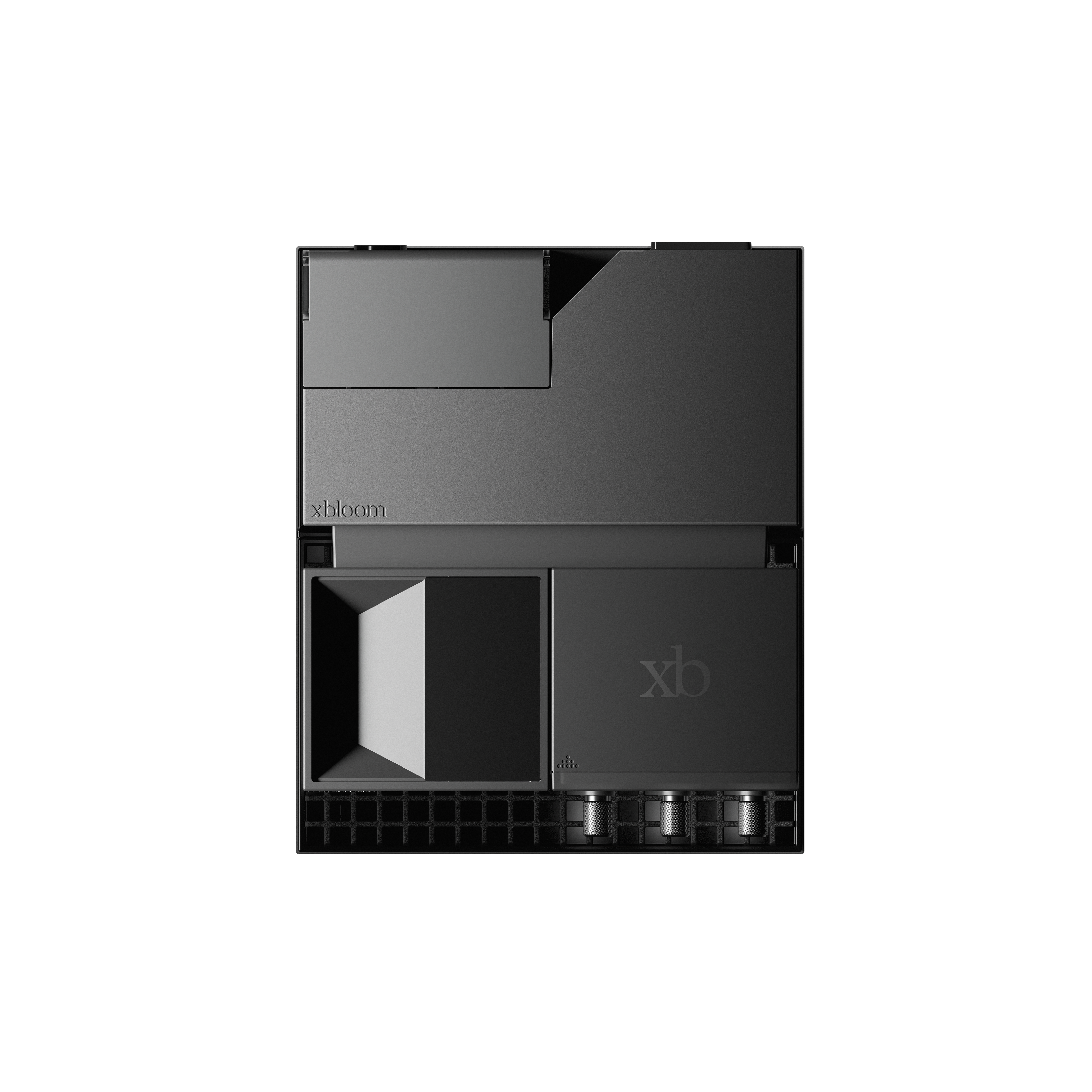 Midnight black coffee machine with open side panels and internal components, front view
