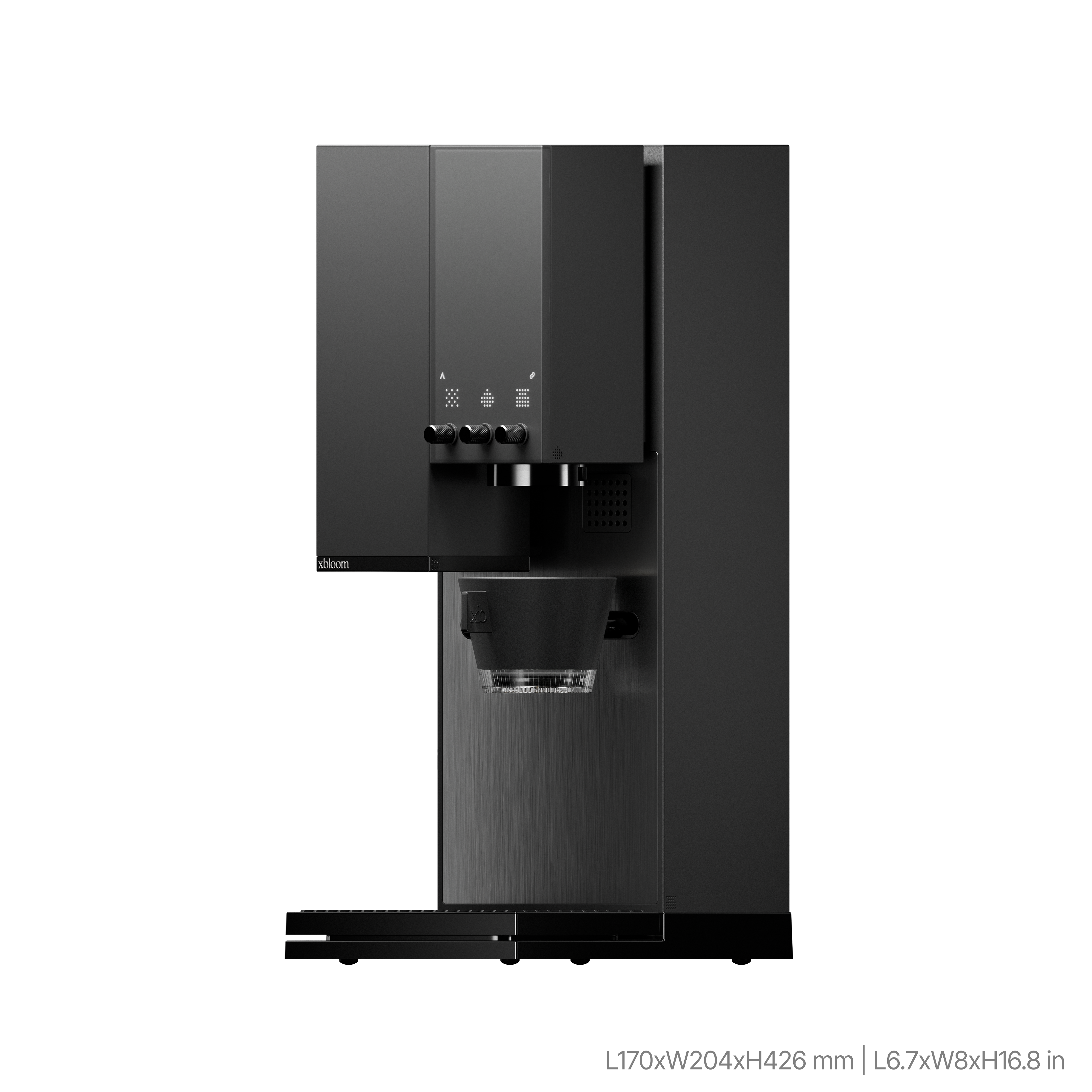Midnight black coffee machine with top controls and brewing area, front-side view