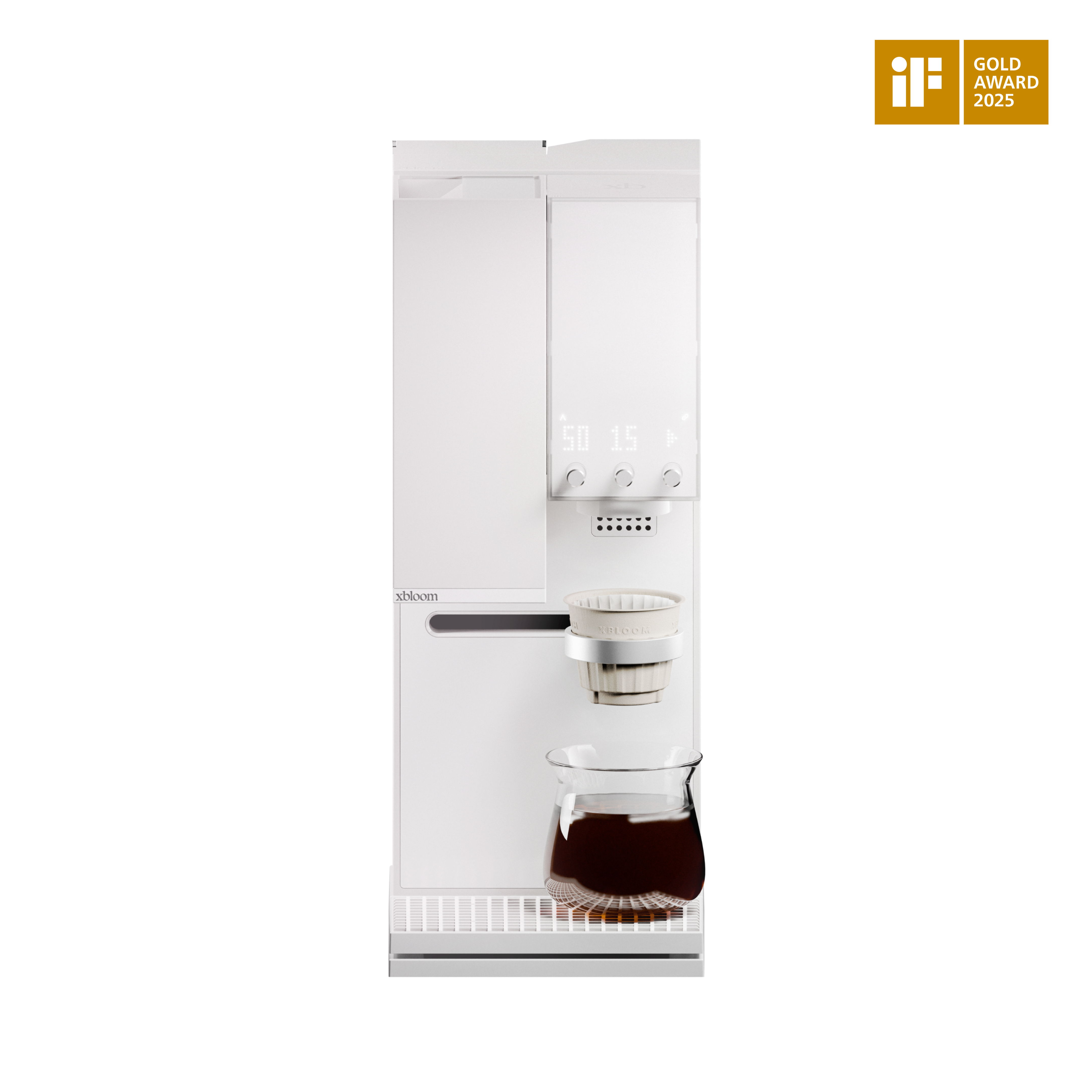 Moonlight white coffee machine with brewing spout and carafe, front view