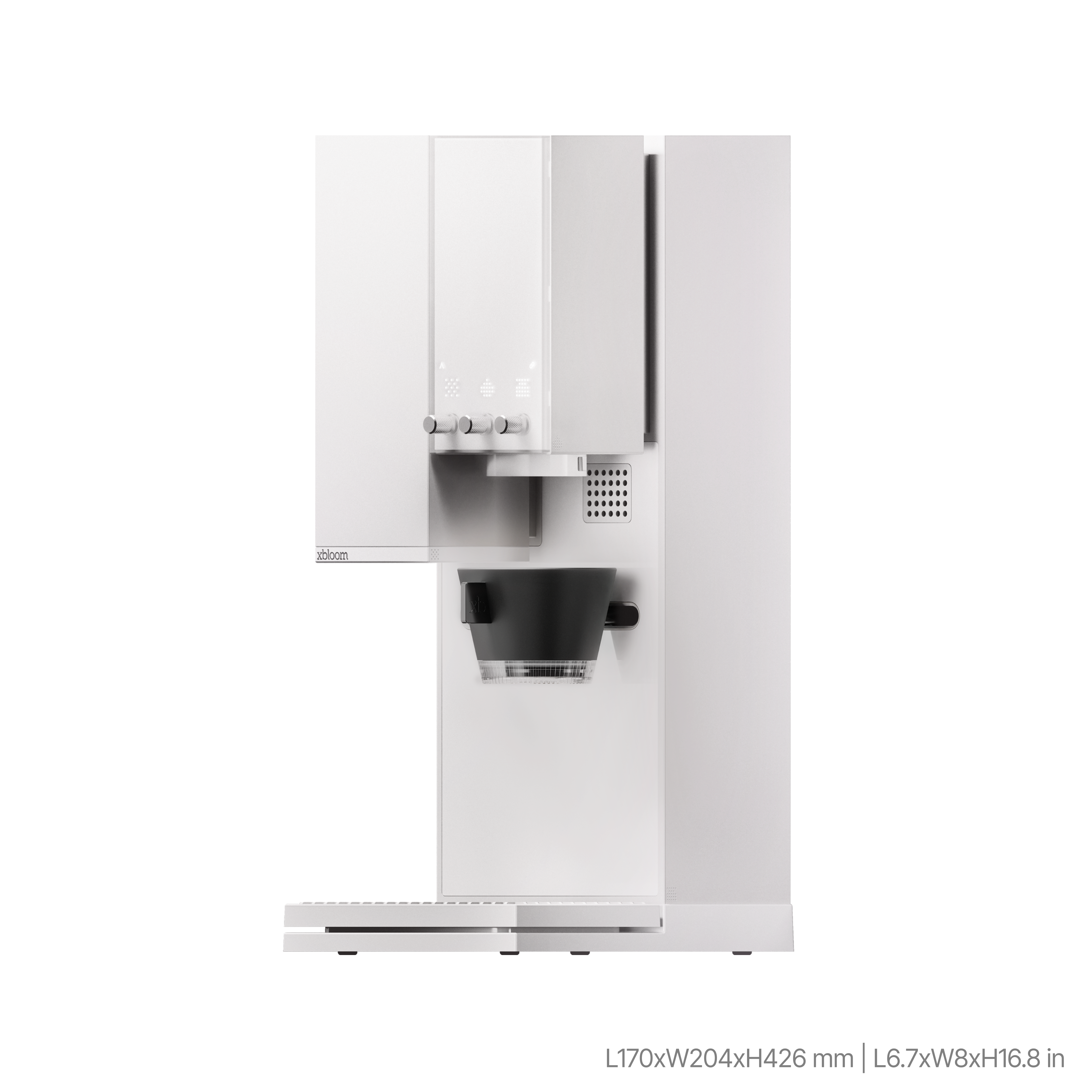 White coffee machine with open front showing grounds container and brew outlet