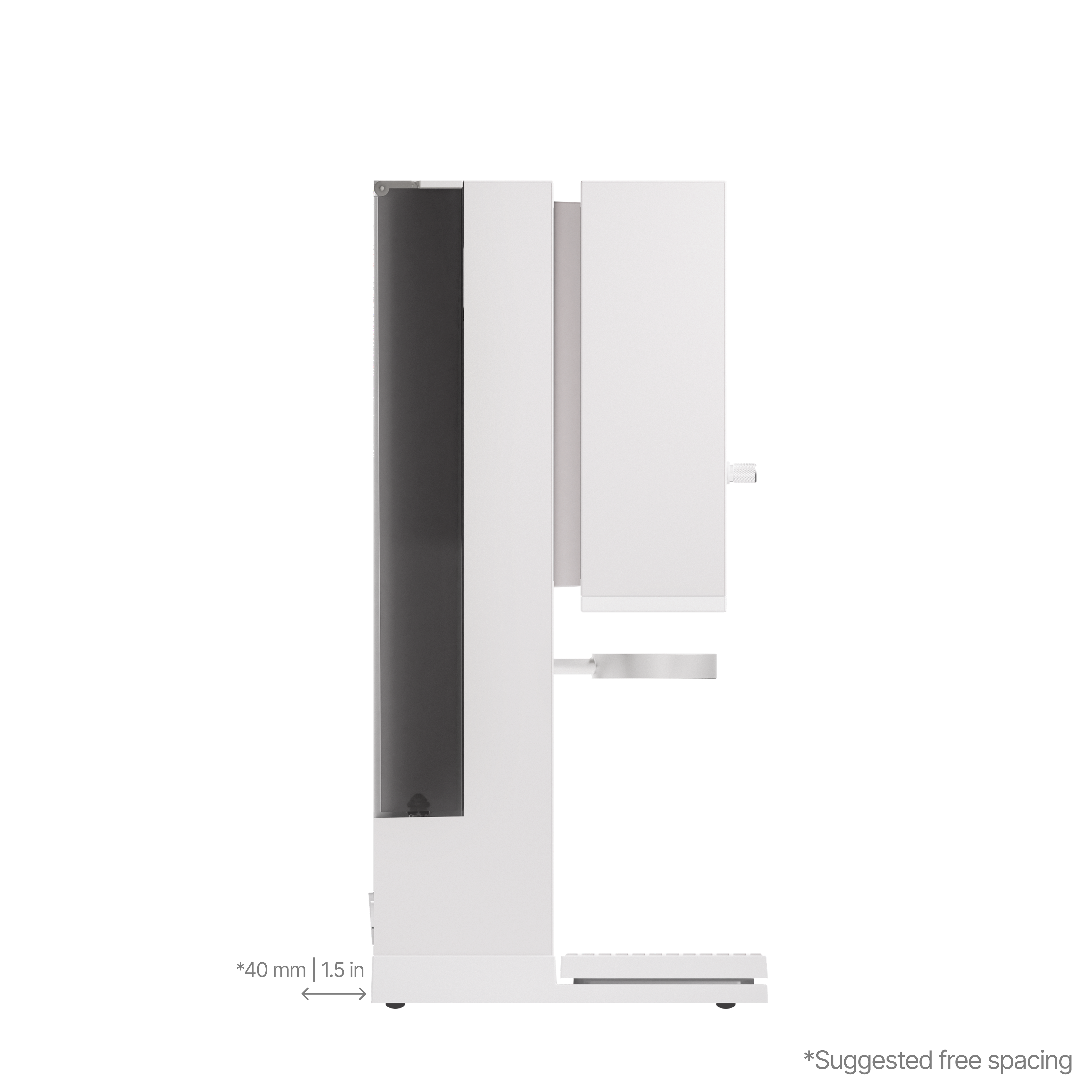 Side profile of white coffee machine with dark side panel and water reservoir cover