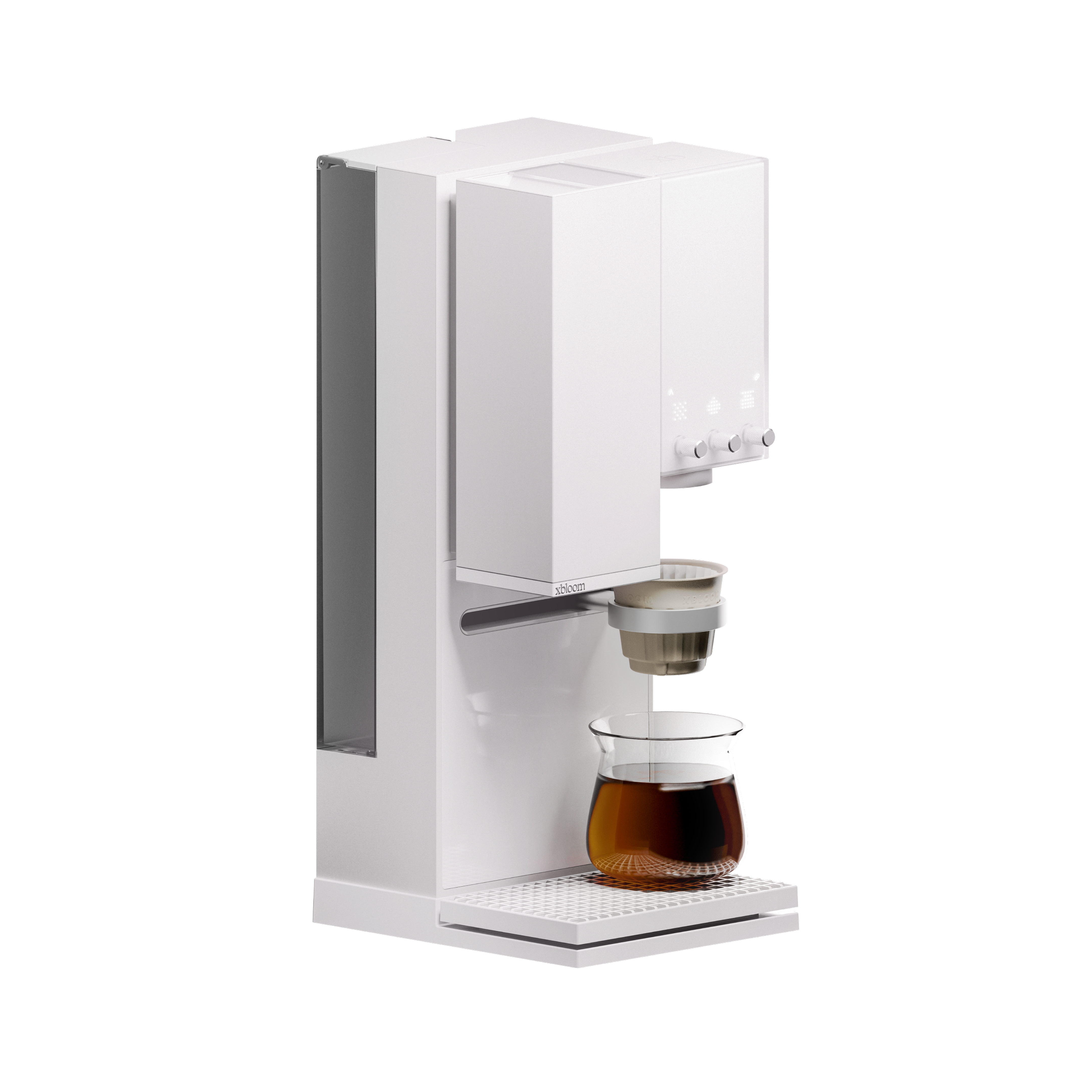 White countertop coffee machine with drip tray and carafe under brew spout