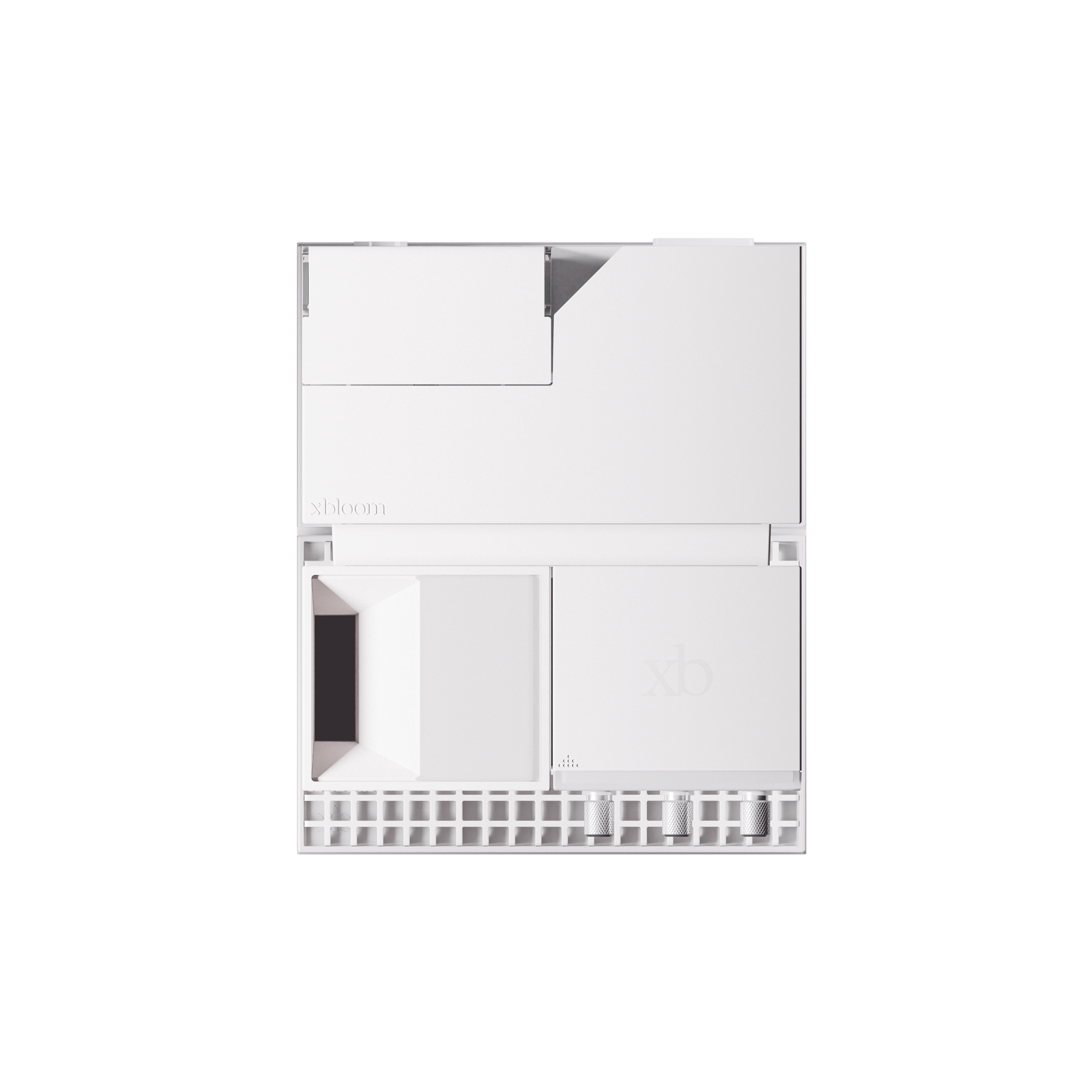 White coffee machine with top panels open, showing interior water and grounds area
