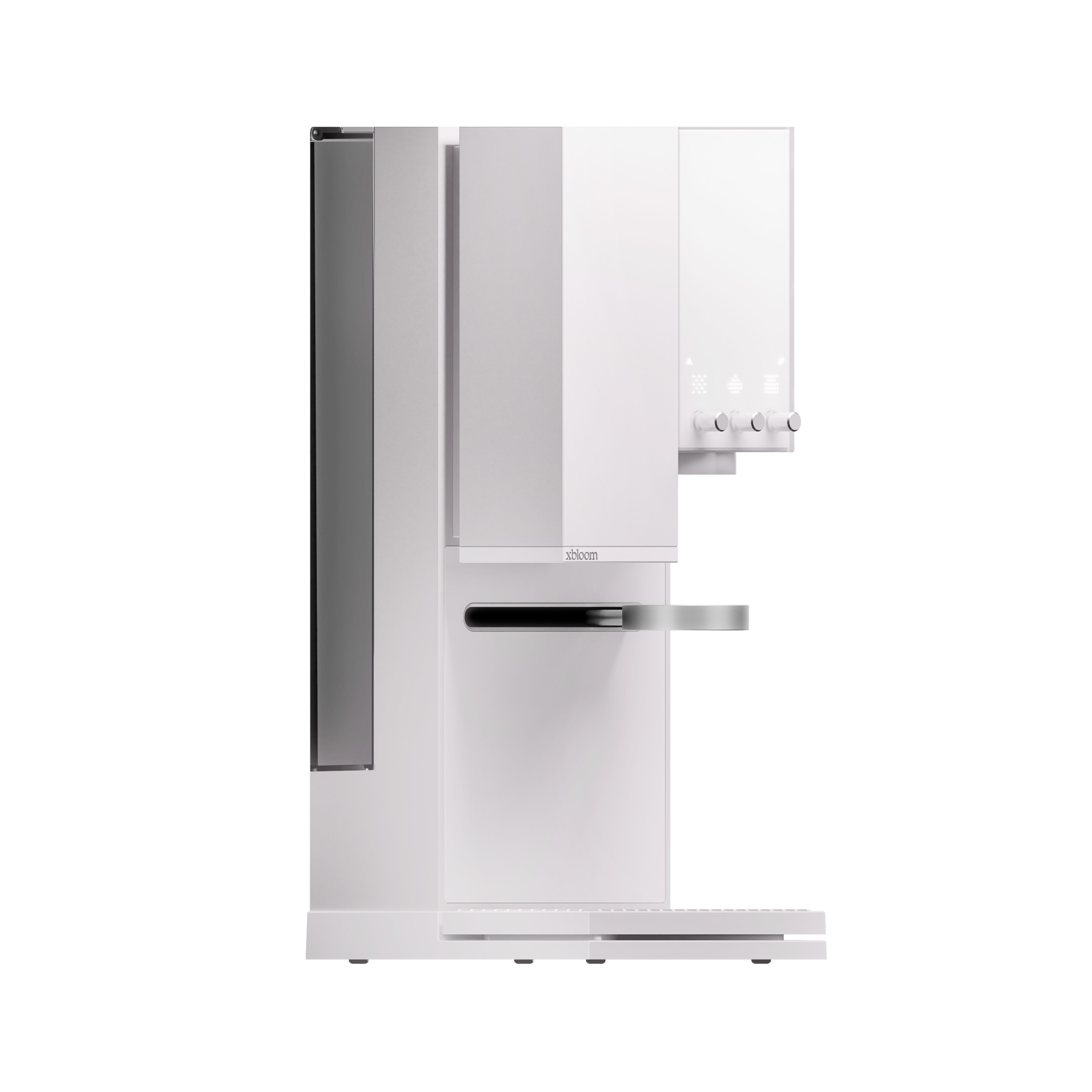 White coffee machine with dark side panel and brew spout, angled view