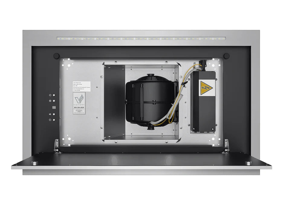 Ceiling range hood interior with blower motor housing and electrical control panel