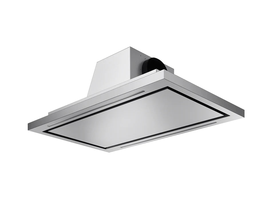 Stainless ceiling range hood with square underside opening and vent duct outlet