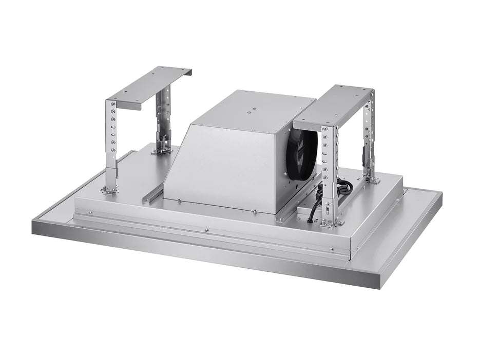 Stainless ceiling range hood duct and blower assembly with mounting brackets