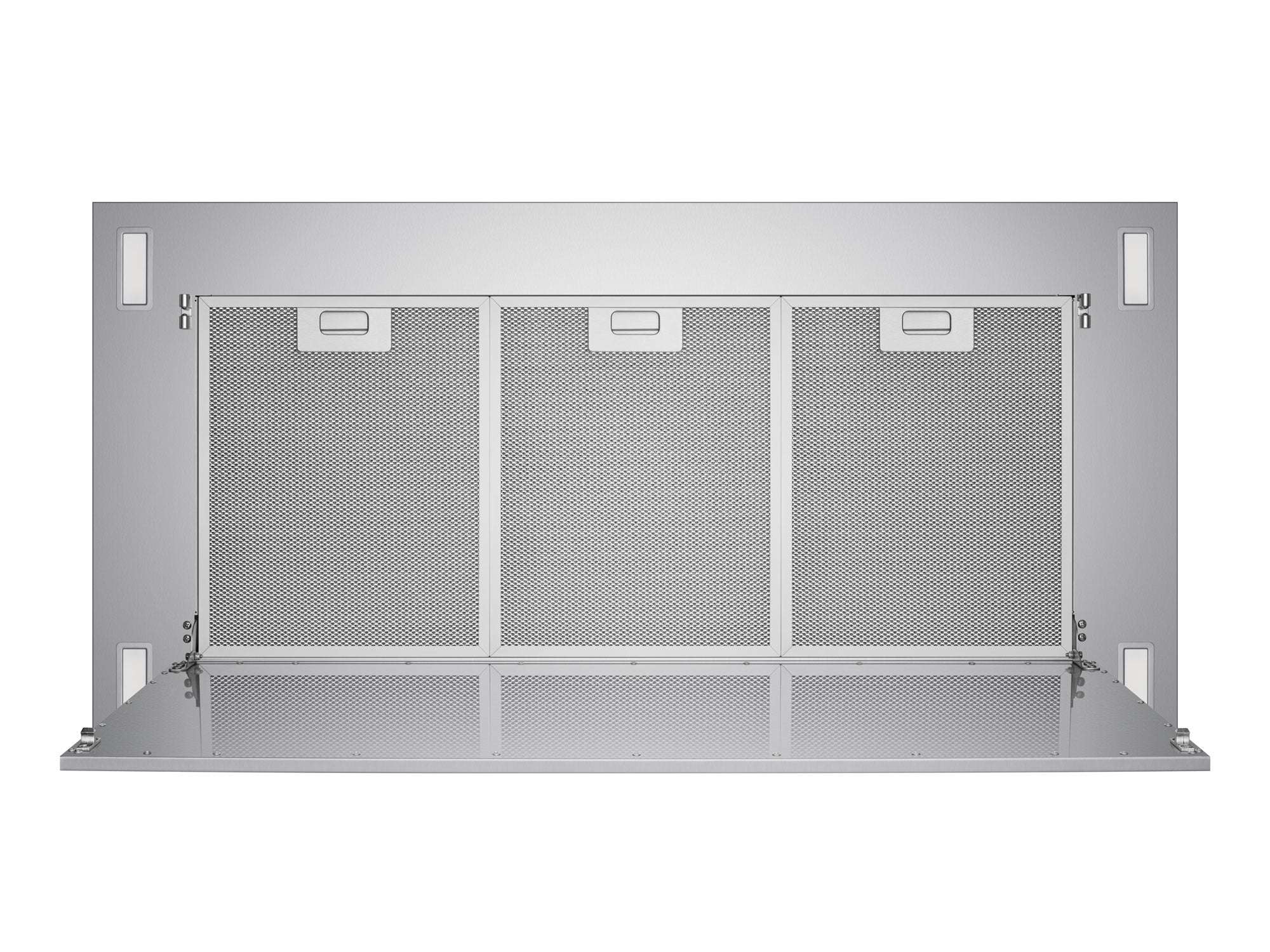 Range hood with front grille open, showing three aluminum mesh filter panels