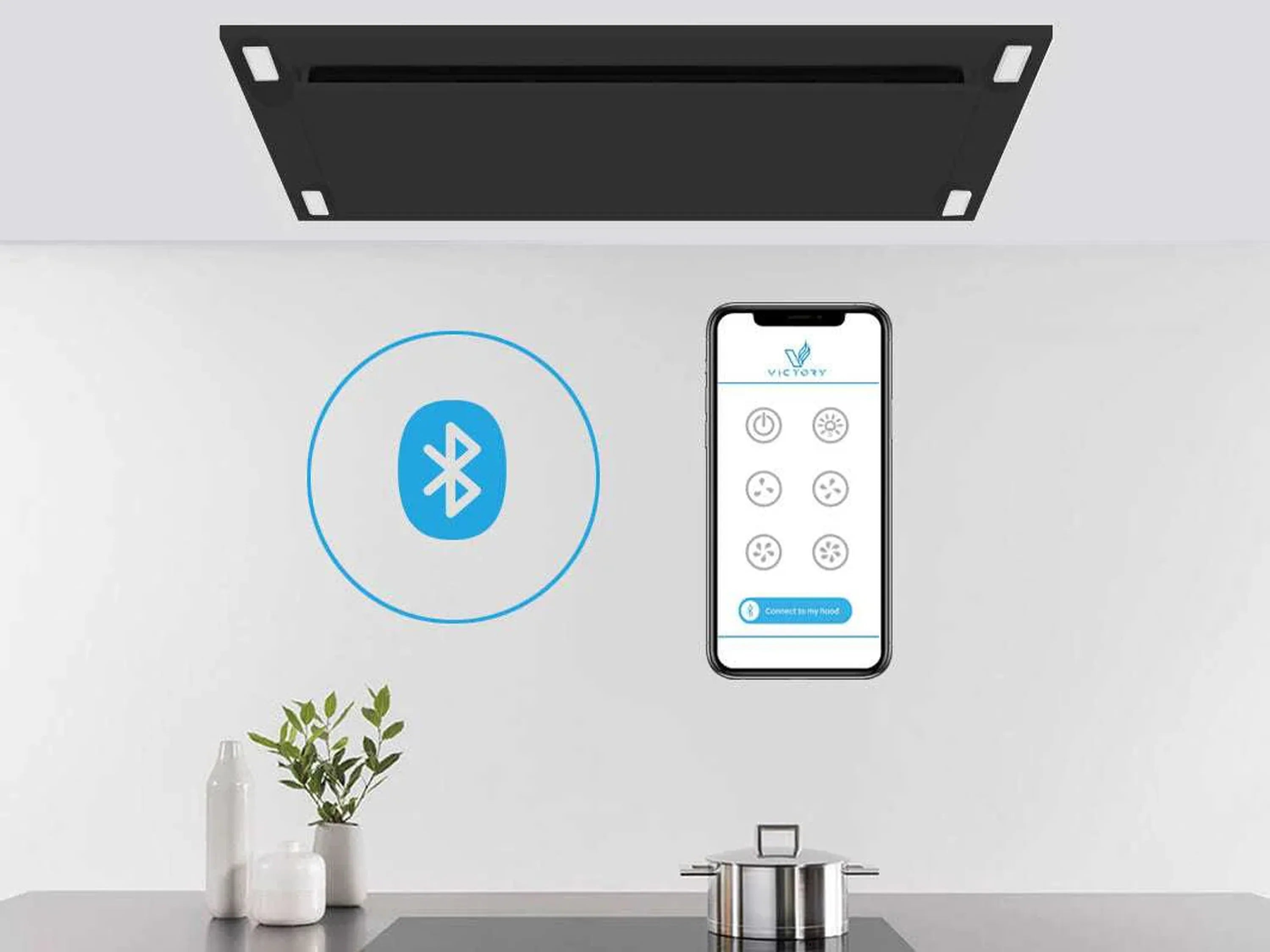 Bluetooth-enabled ceiling range hood with dark baffle and smartphone control icon
