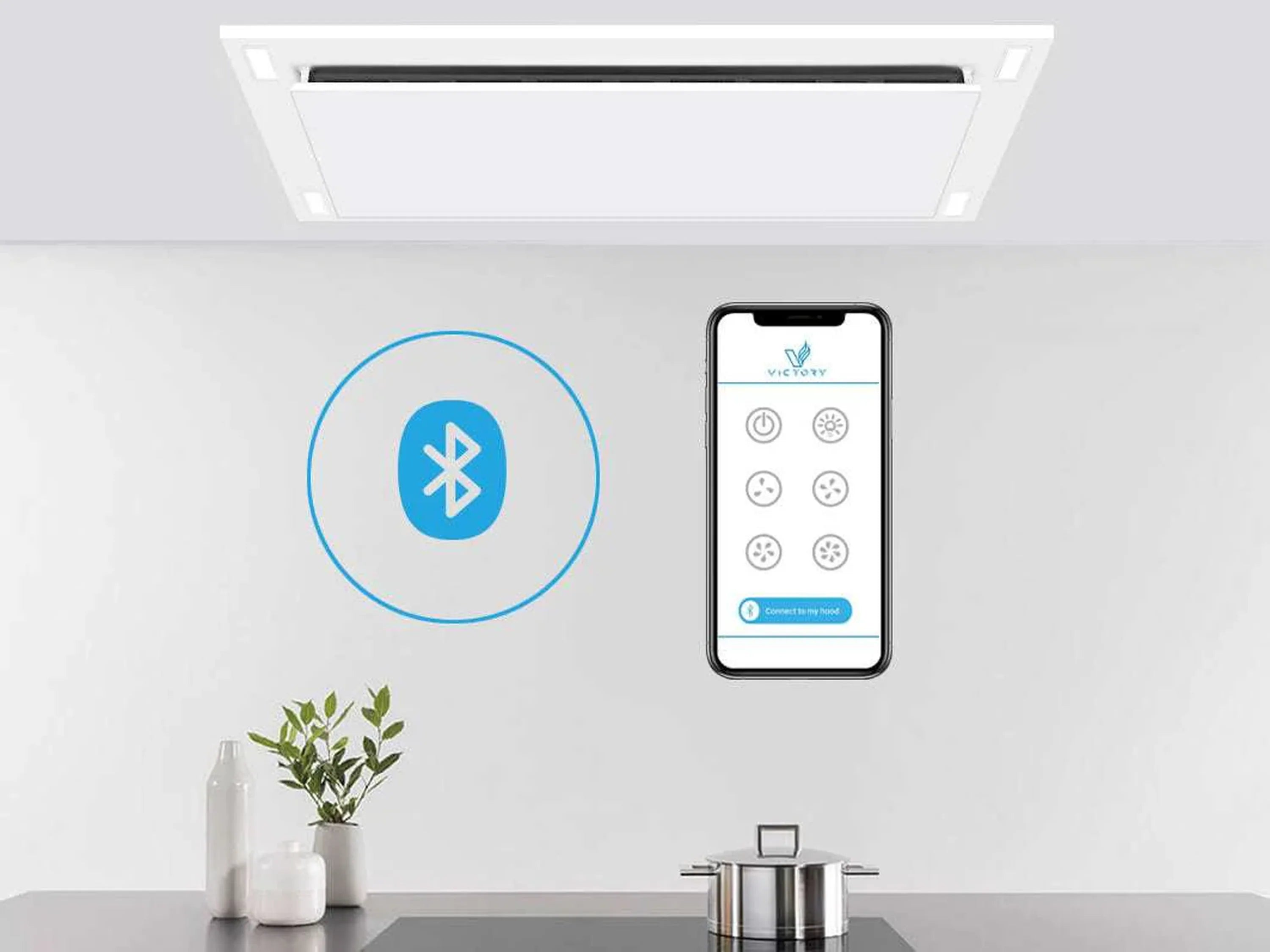 Bluetooth-enabled flush ceiling range hood with smartphone control icon
