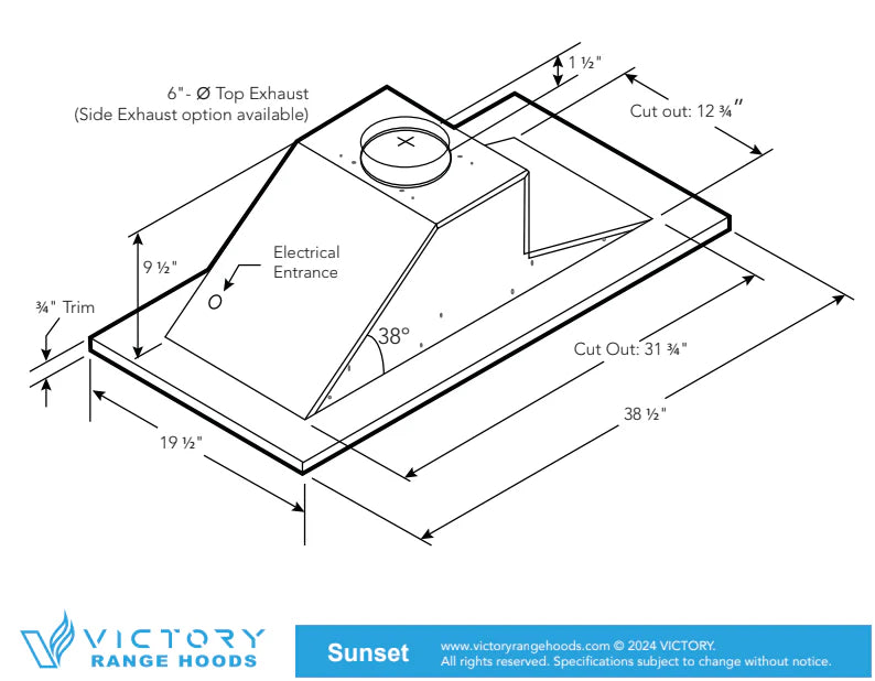 Technical dimension drawing of a flush ceiling mount range hood with exhaust cutouts