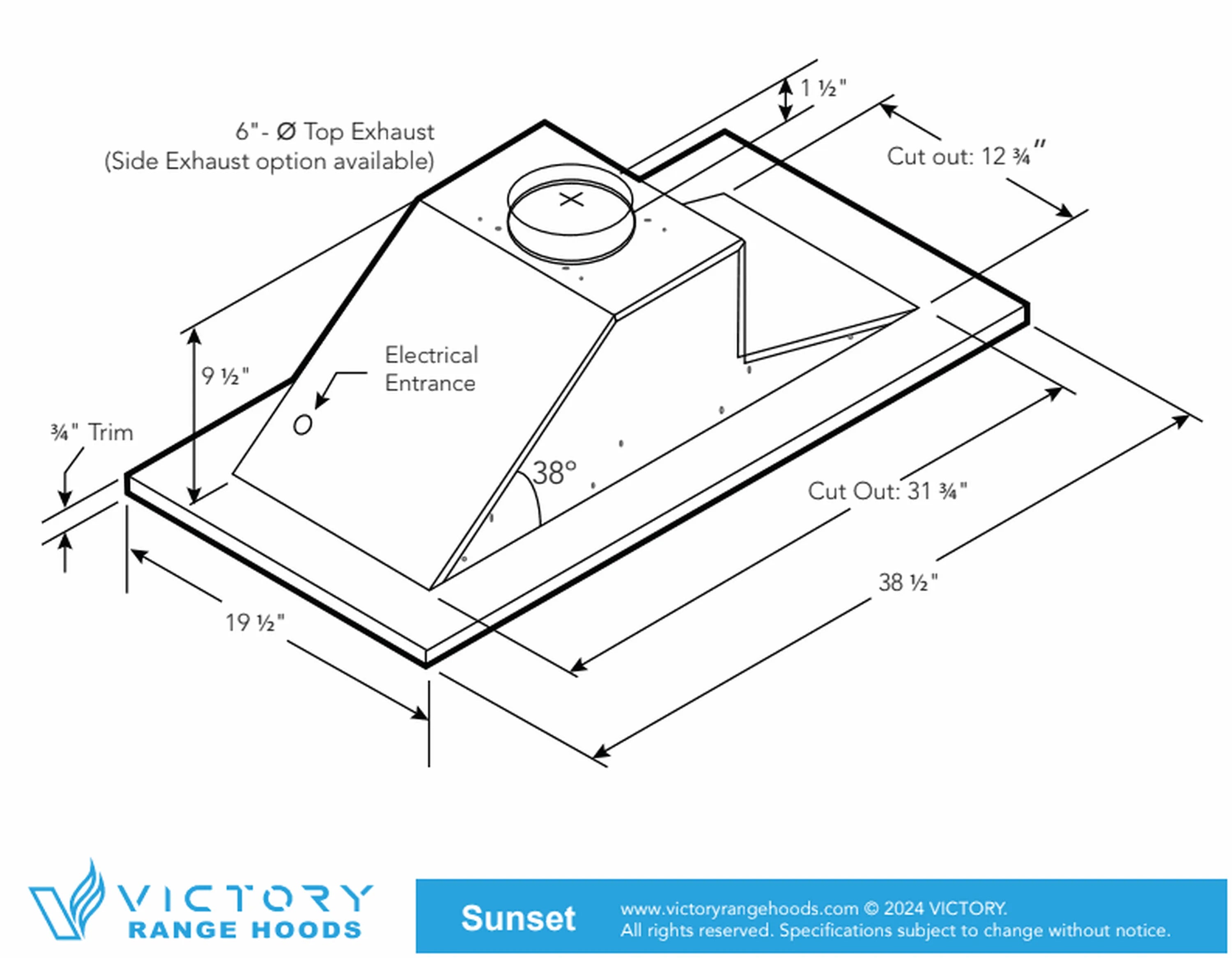 Range hood installation diagram with cutouts and electrical entrance measurements
