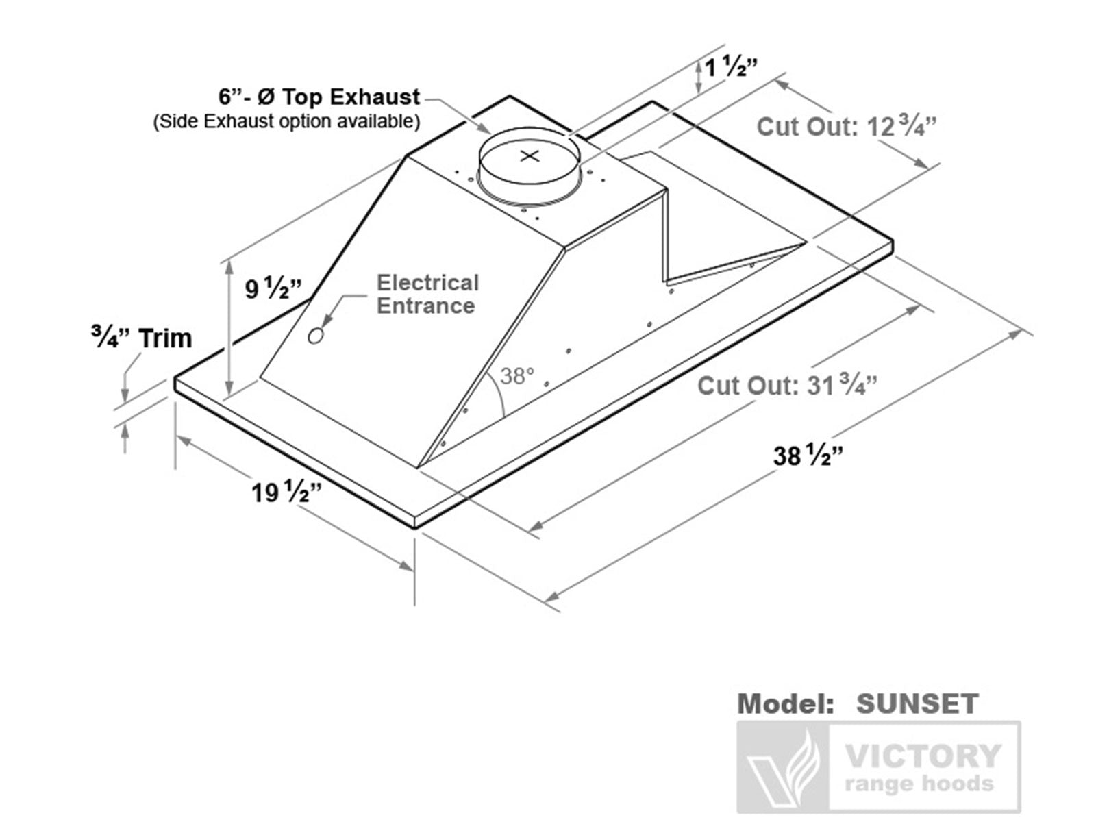 Range hood installation template diagram with cutouts and exhaust dimensions for Sunset model
