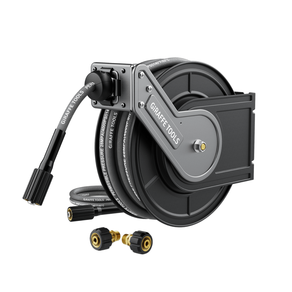 Retractable pressure hose reel kit with gray drum, black hose, and brass/black connectors