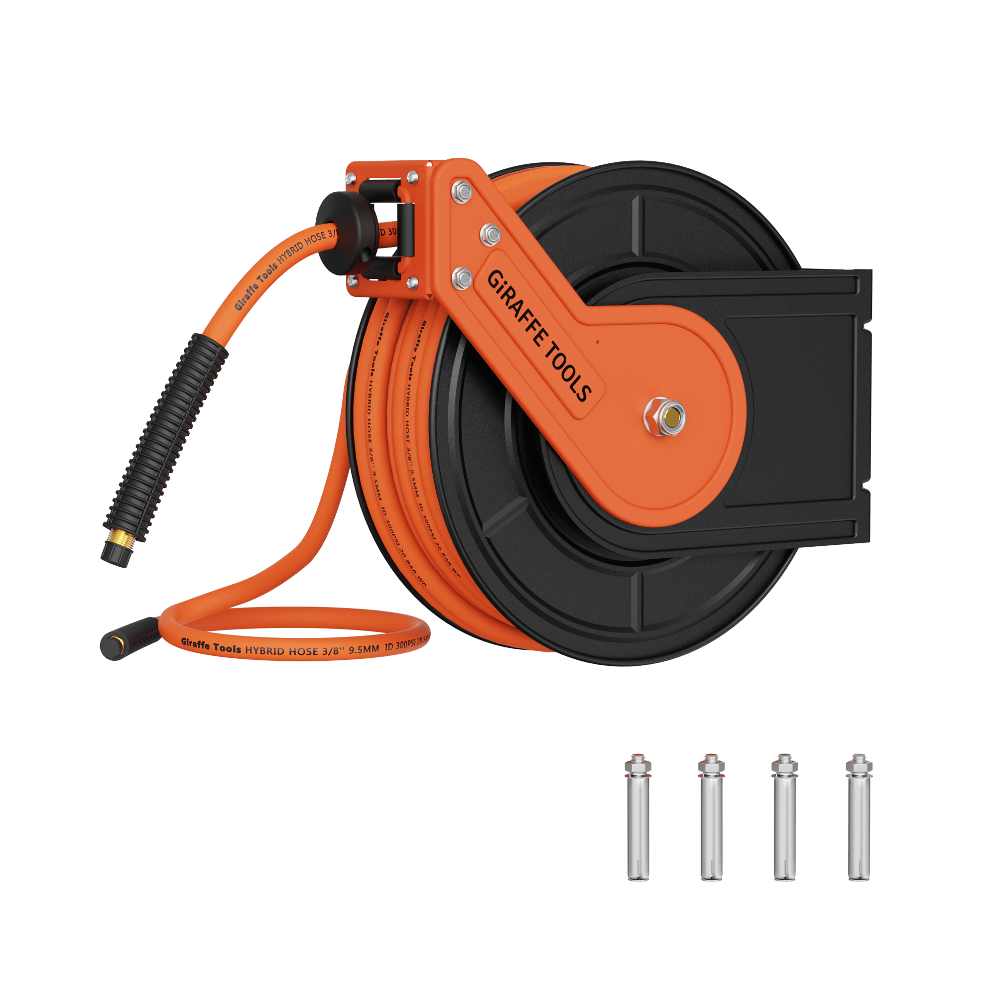 Retractable air hose reel with orange frame, black drum, and hose connector fittings