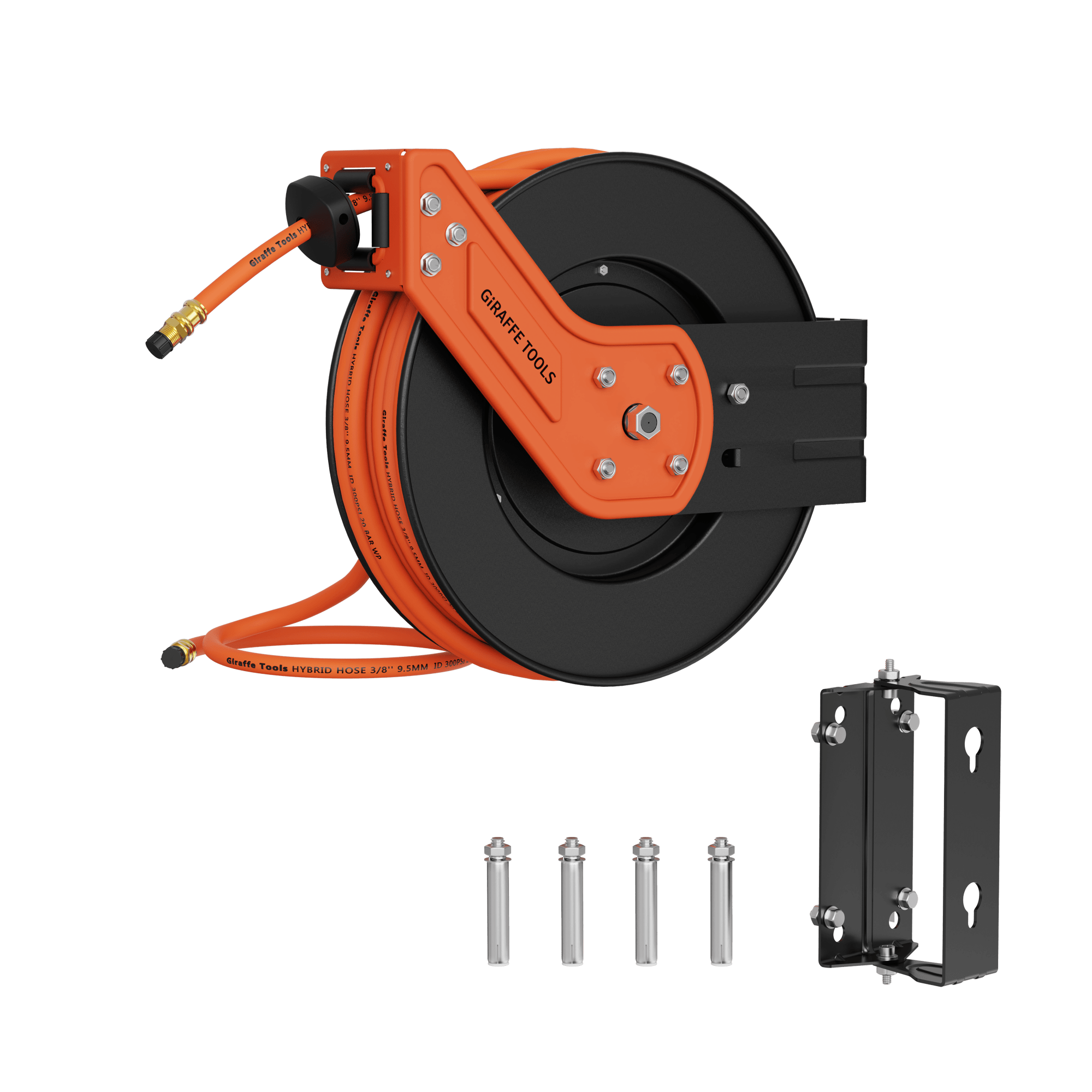Retractable air hose reel with orange frame, black drum, and wall mount hardware