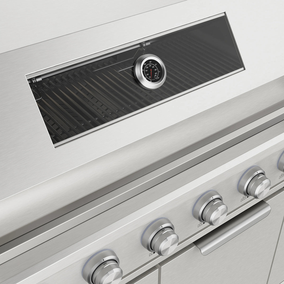 Stainless grill control panel with knob row and temperature gauge