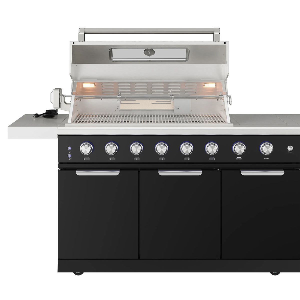 Outdoor kitchen grill with lid open, glowing burners, and black control panel with knobs