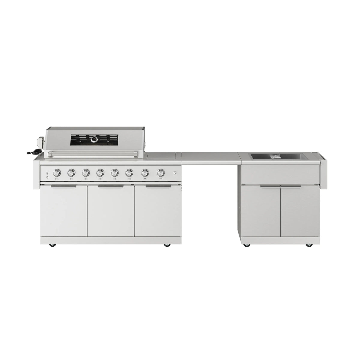 Stainless steel outdoor kitchen island gas grill with side cabinets and control knobs