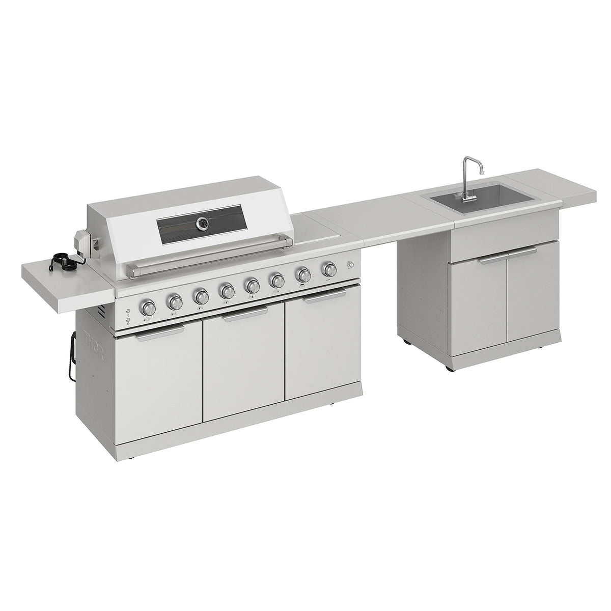 Outdoor kitchen island with stainless gas grill and built-in sink