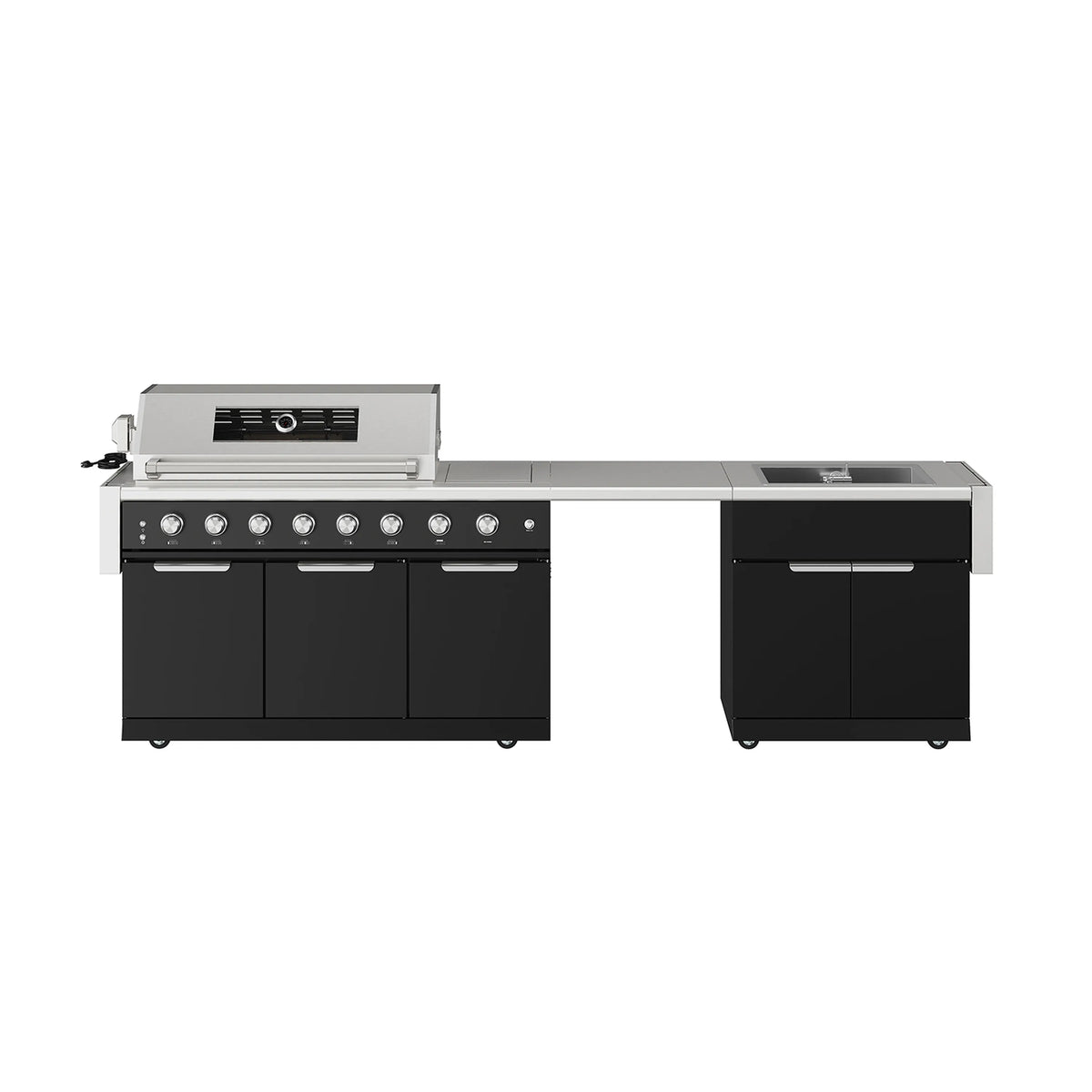 Outdoor kitchen grill island with black cabinets, stainless countertop, sink cutout