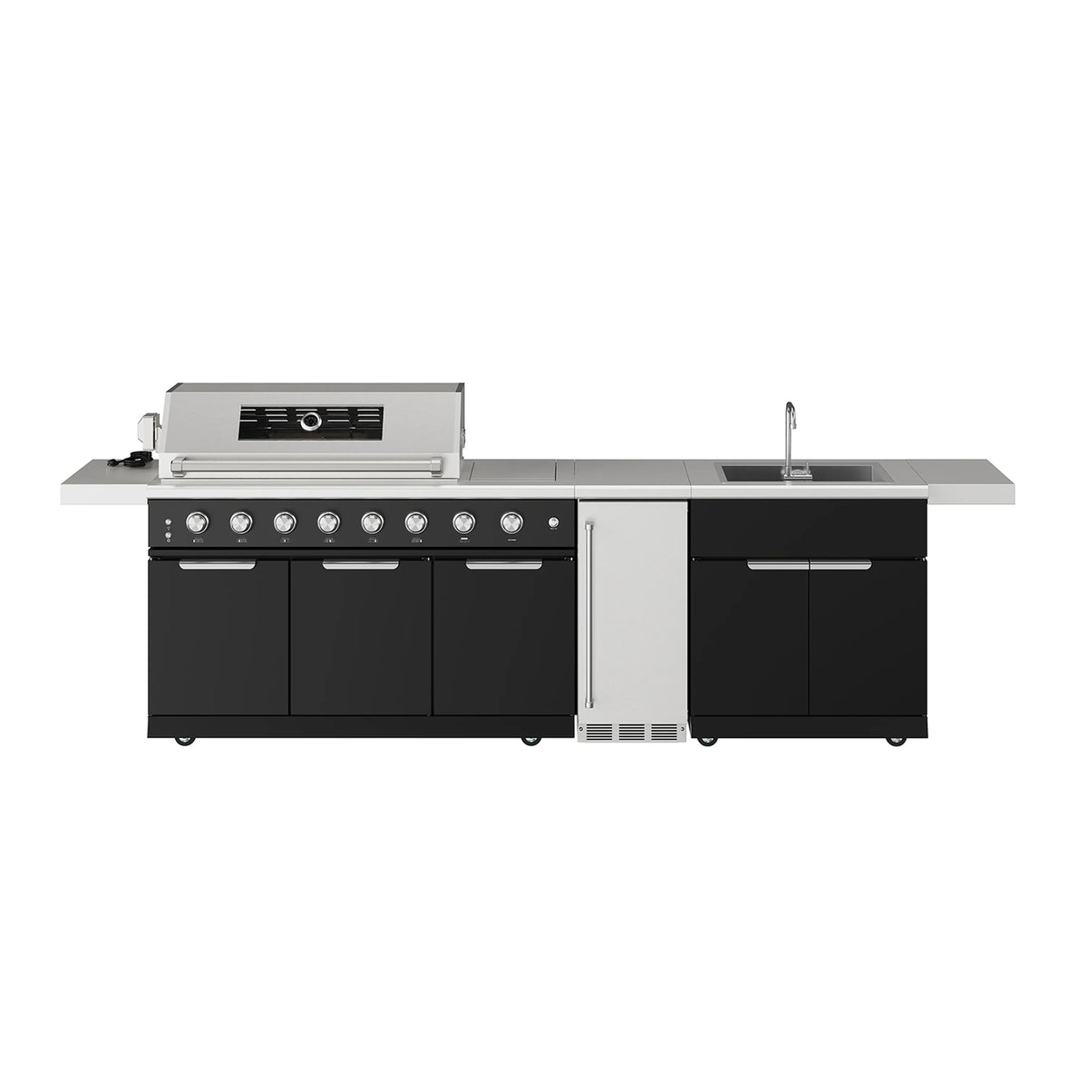 Outdoor kitchen island grill with black base, stainless hood, side burner, and sink
