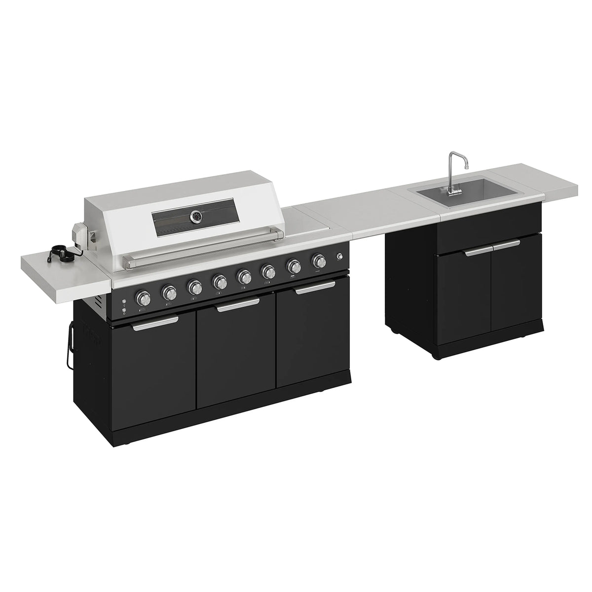 Outdoor kitchen island gas grill with control panel, side burner, and sink cabinet