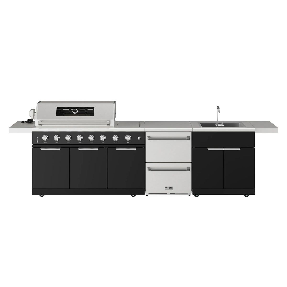 Outdoor kitchen island grill with stainless top, black cabinets, and side drawer storage